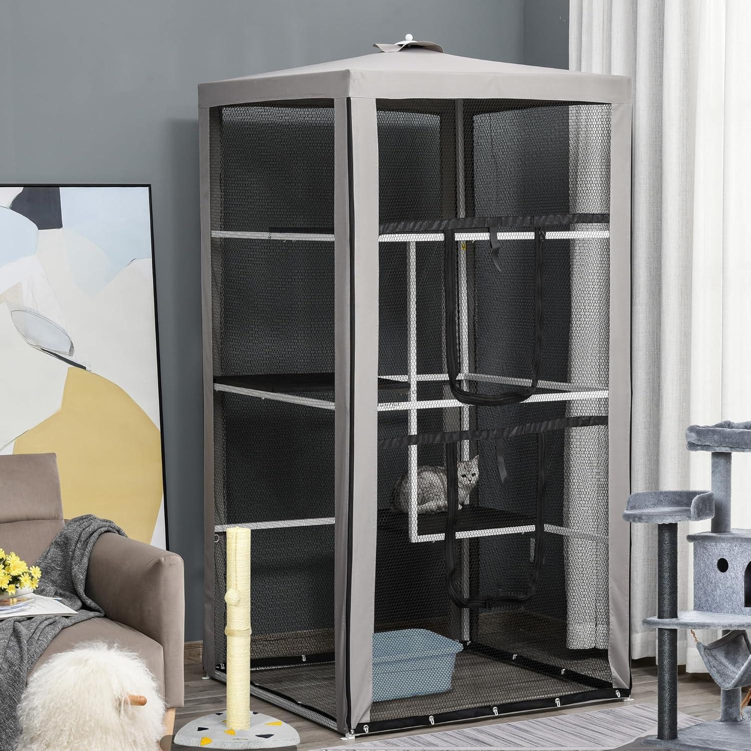 PawHut 79"H Cat House Kitten Enclosure Mesh Playpen Steel Frame with 3 Platforms, 2 Doors and 4 Sandbags for Stability, Indoor/Outdoor