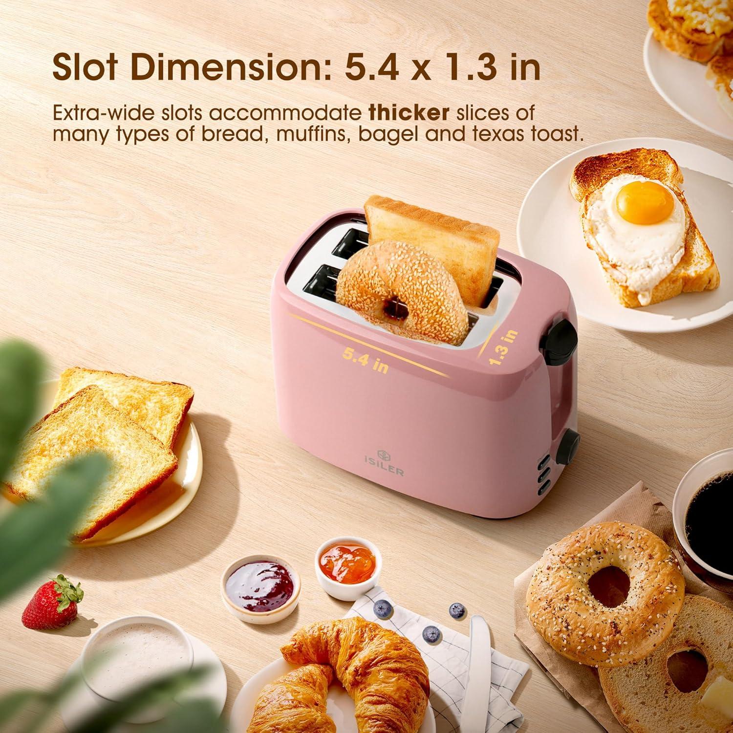 iSiLER 2 Slice Toaster, 1.3 Inches Wide Slot Bagel Toaster with 7 Shade Settings and Double Side Baking, Removable Crumb Tray, Defrost Cancel Function Pink