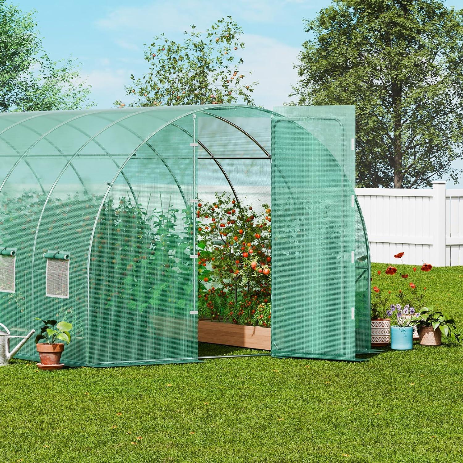 VEVOR Walk-in Tunnel Greenhouse, 27.4x9.5x7.4 ft Hoop House Greenhouse Tunnel, Plant Hot House with Galvanized Steel Frame, Green PE Cover, Swing Door and 16 Roll-up Windows for Outdoor