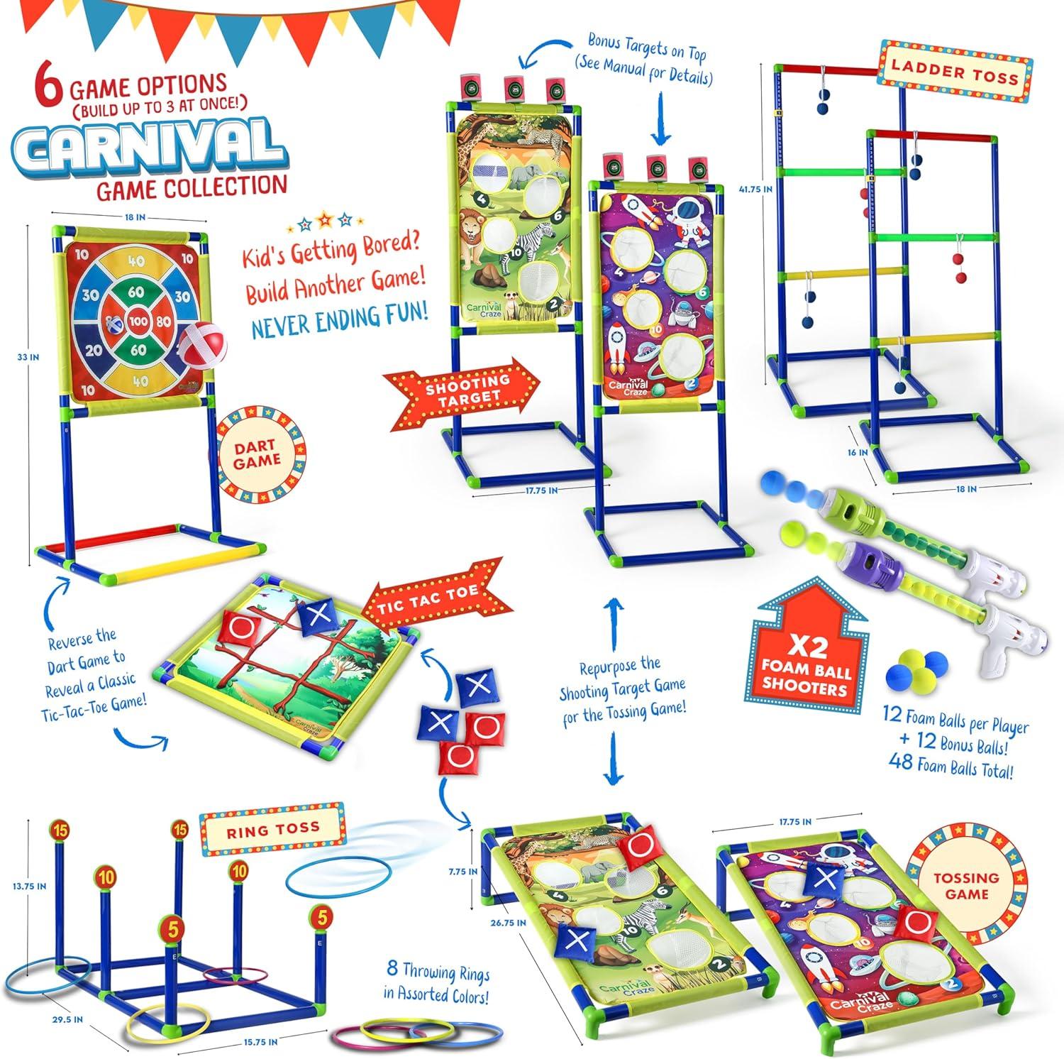 Carnival Yard Games for Kids - Ring Toss, Beanbag Cornhole, Ball Shooting Target Game, Ladder Toss, Darts Board, Tic Tac Toe, Birthday Party Activities, Backyard Outdoor Games and Indoor Family Fun