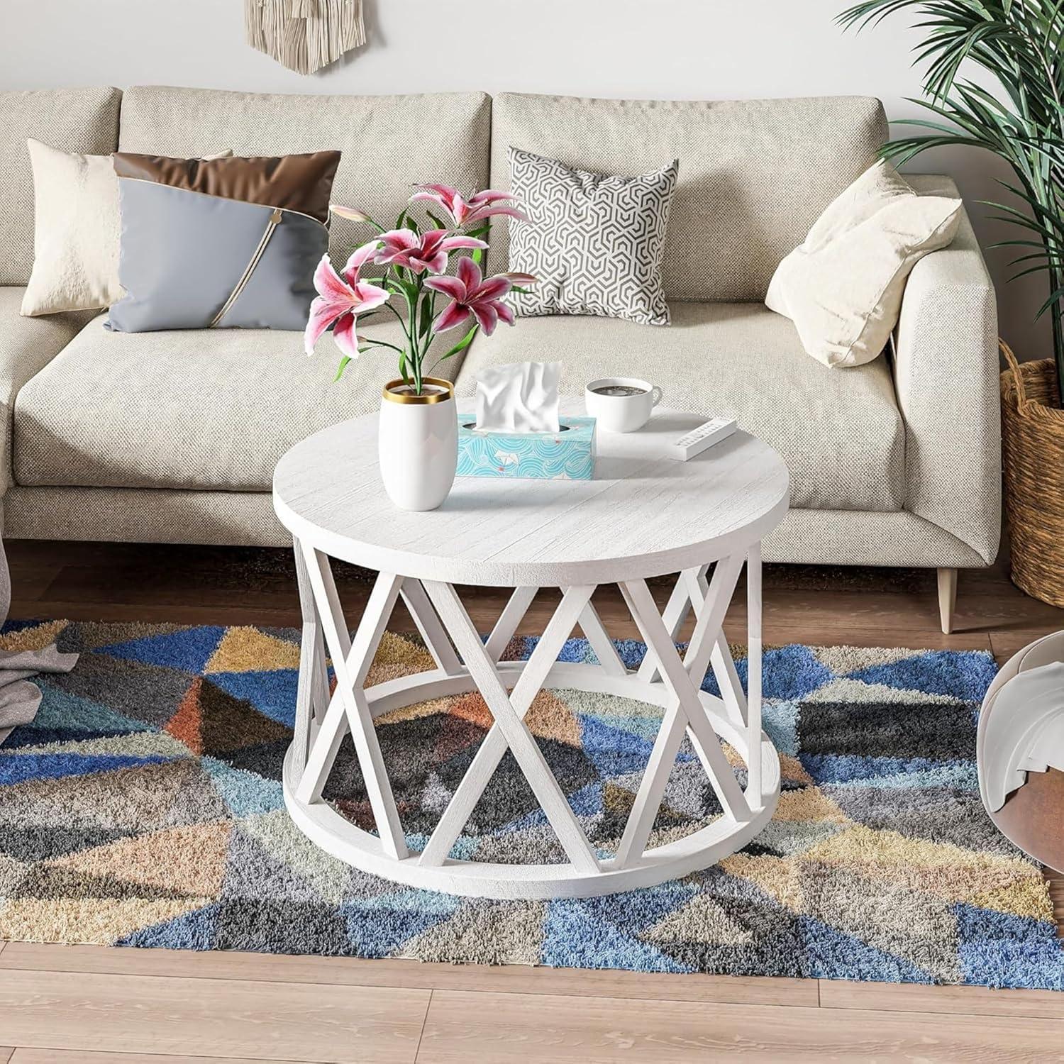 Antique White Round Wood Coffee Table with X-Motifs