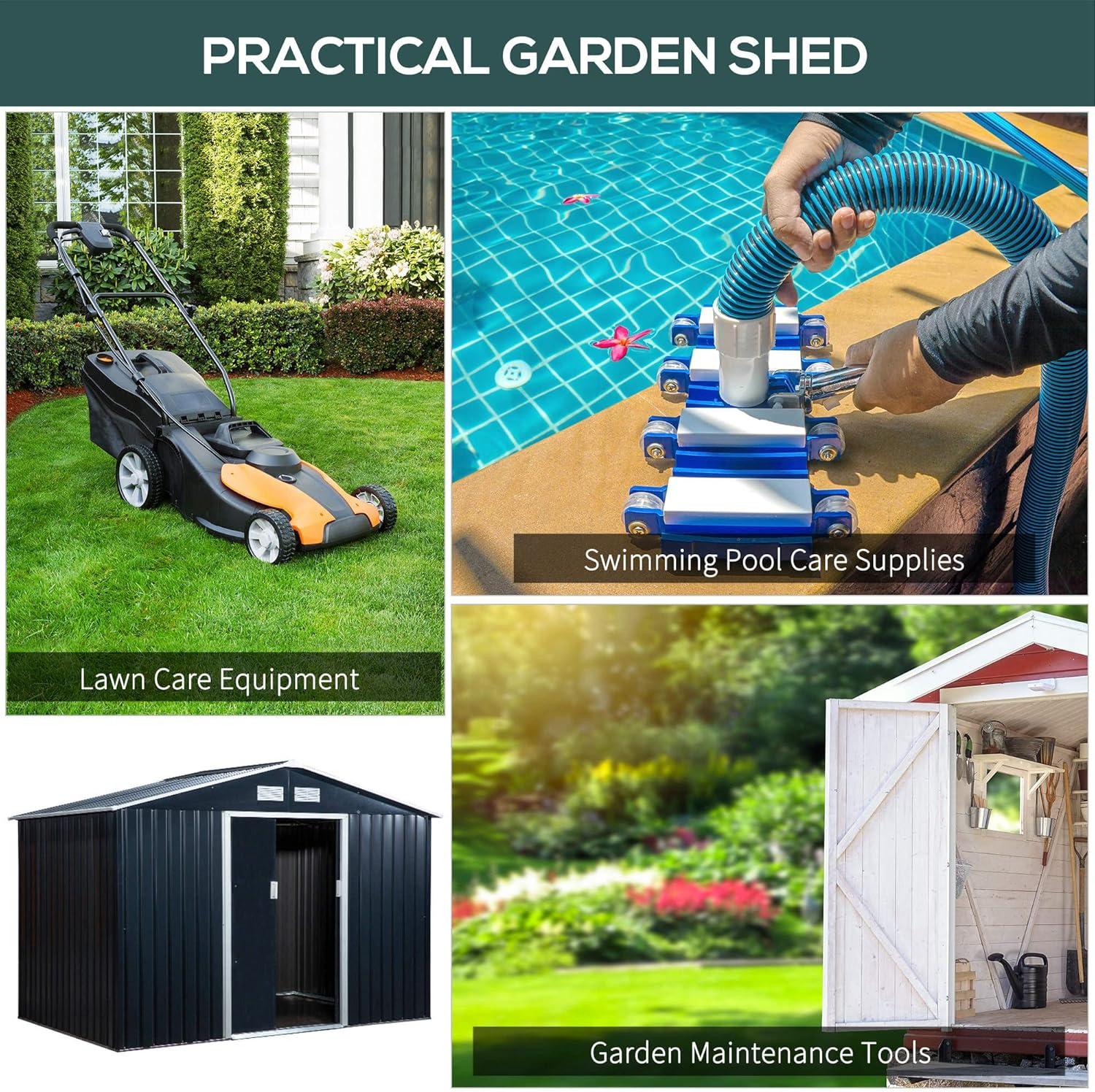Outsunny 9' x 6' Metal Storage Shed Organizer, Garden Tool House with 4 Vents and 2 Sliding Doors for Backyard, Patio, Garage, Lawn, Dark Gray
