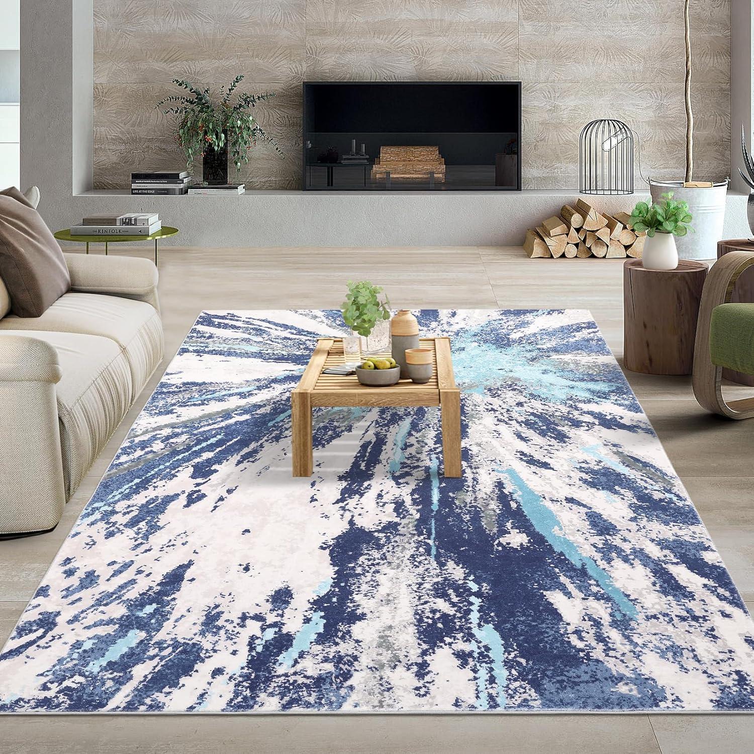 Modern Abstract Fluid Washable Area Rug, Non Slip Carpet for Indoor, Living Room, Bedroom