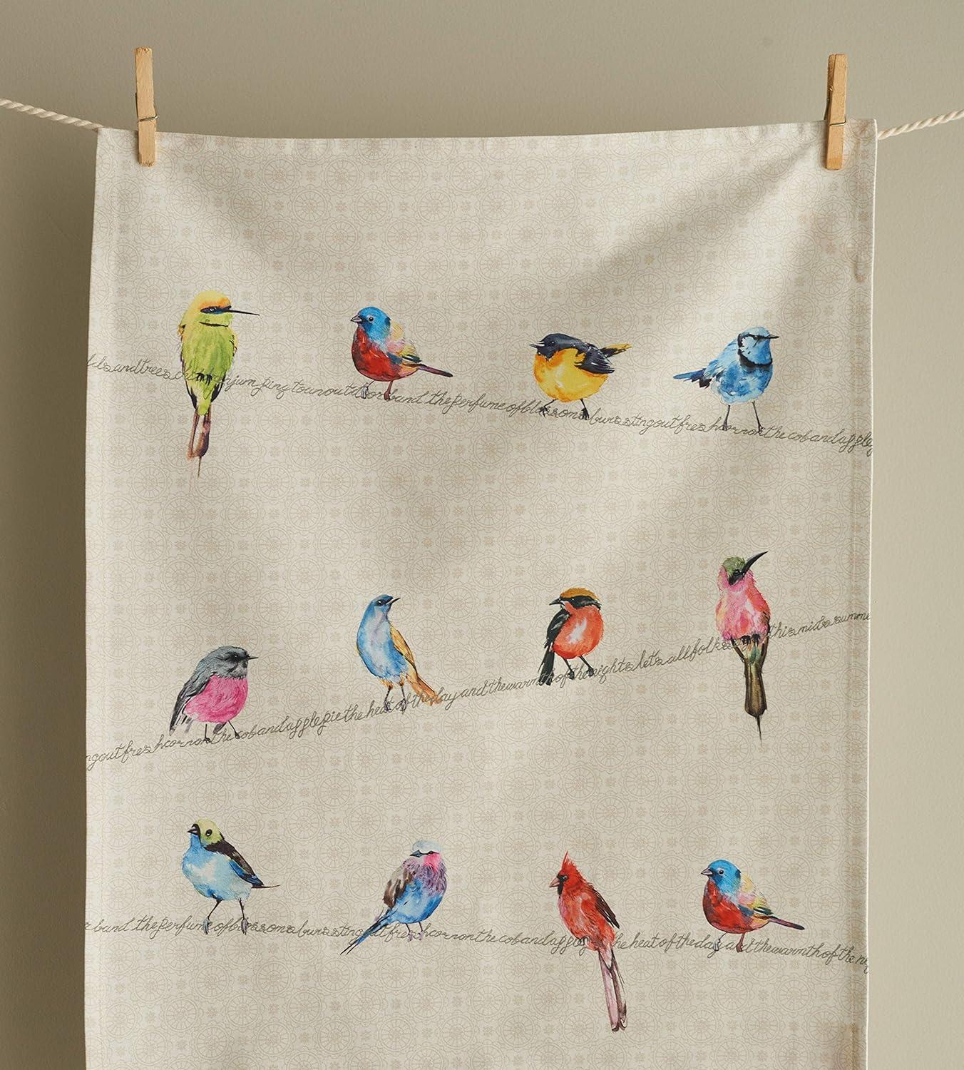 Birdies on Wire Beige Cotton Kitchen Towels Set