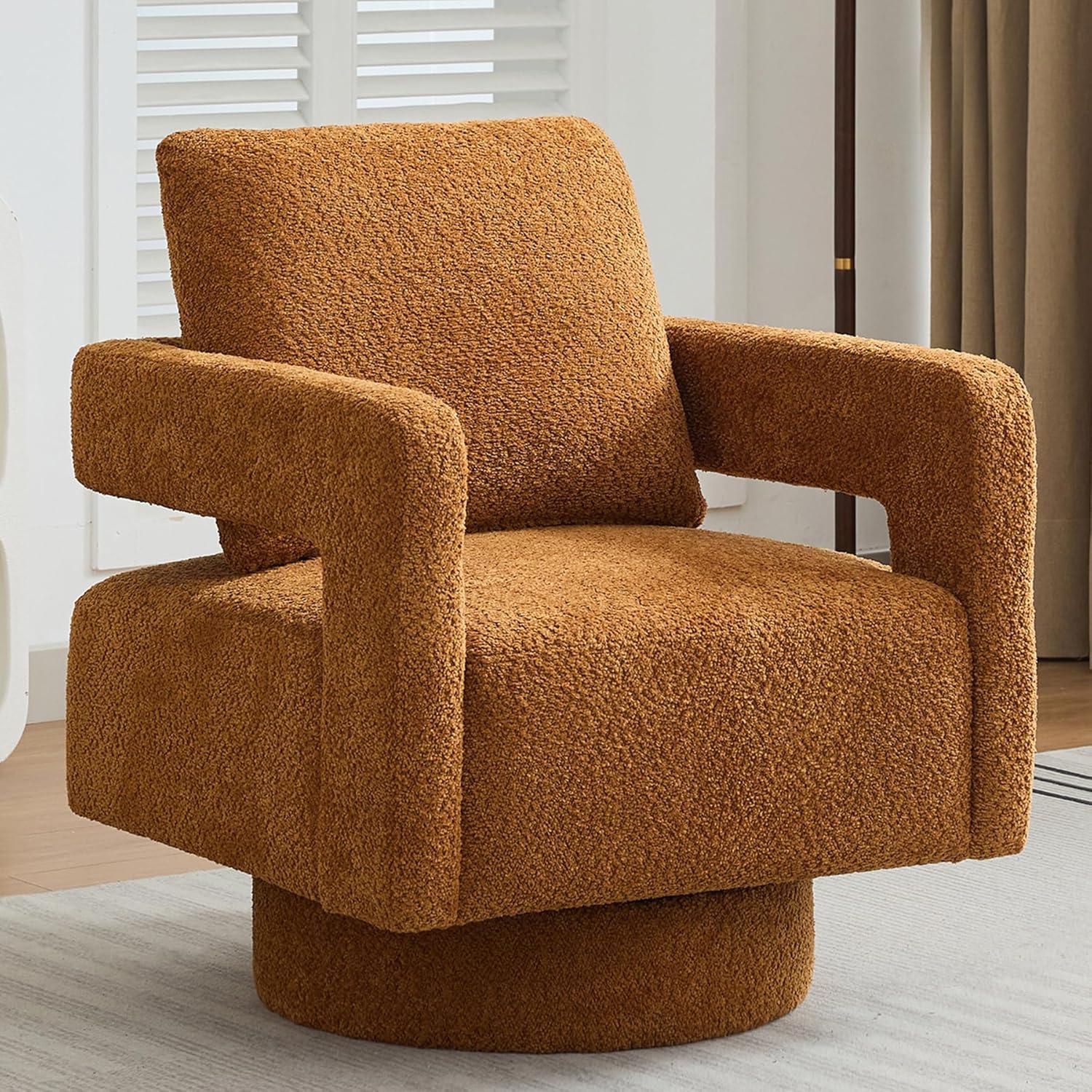 Caramel Boucle Upholstered Swivel Barrel Accent Chair