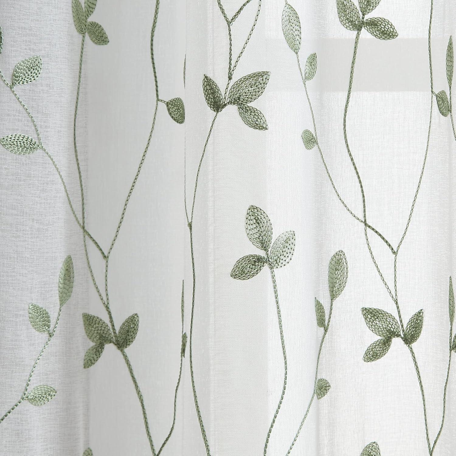 Sage Green Sheer Botanical Embroidery Rod Pocket Curtains, 84" Panel Pair