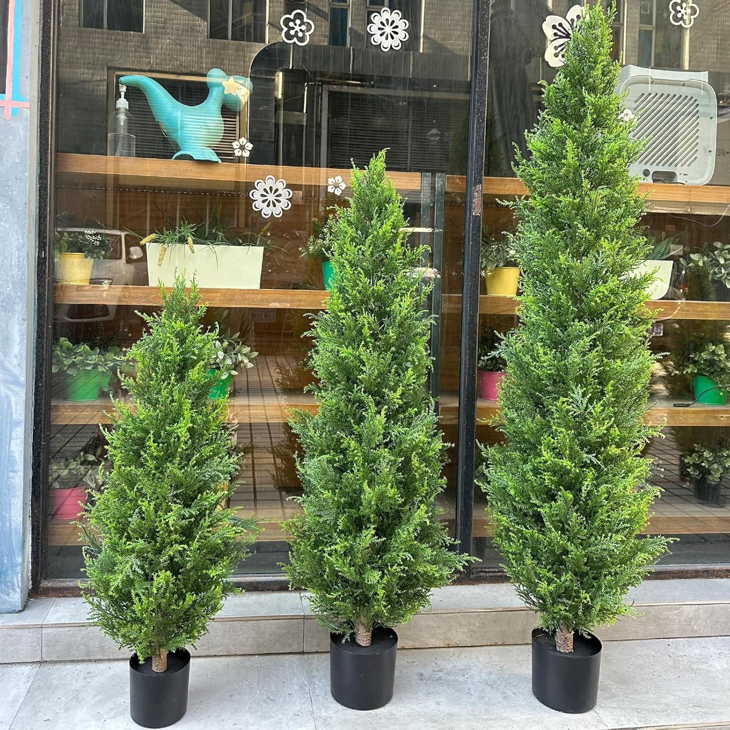 LINBONIO Artificial Cedar Tree 4 ft Artificial Topiary Trees Beautiful Realistic Faux Cedar Pines UV Protection for Longer Life 2Pack