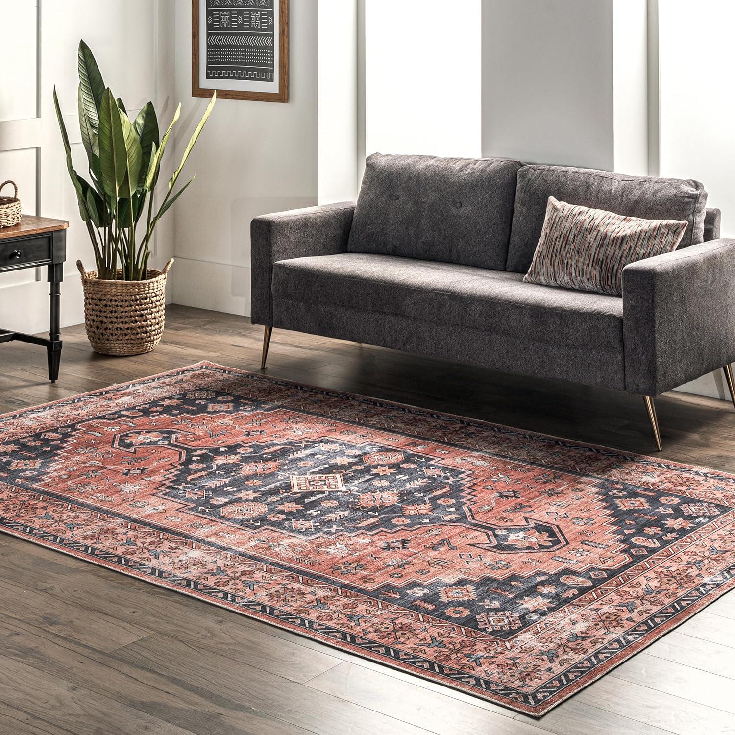 Nuloom Medallion 6x9 Machine Washable Indoor Area Rug for Living Room Bedroom Dining Room Kitchen, Brick/Dark Grey