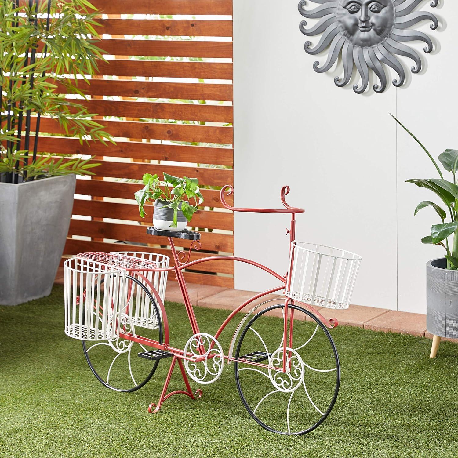 Red Metal Bicycle Plant Stand with White Baskets