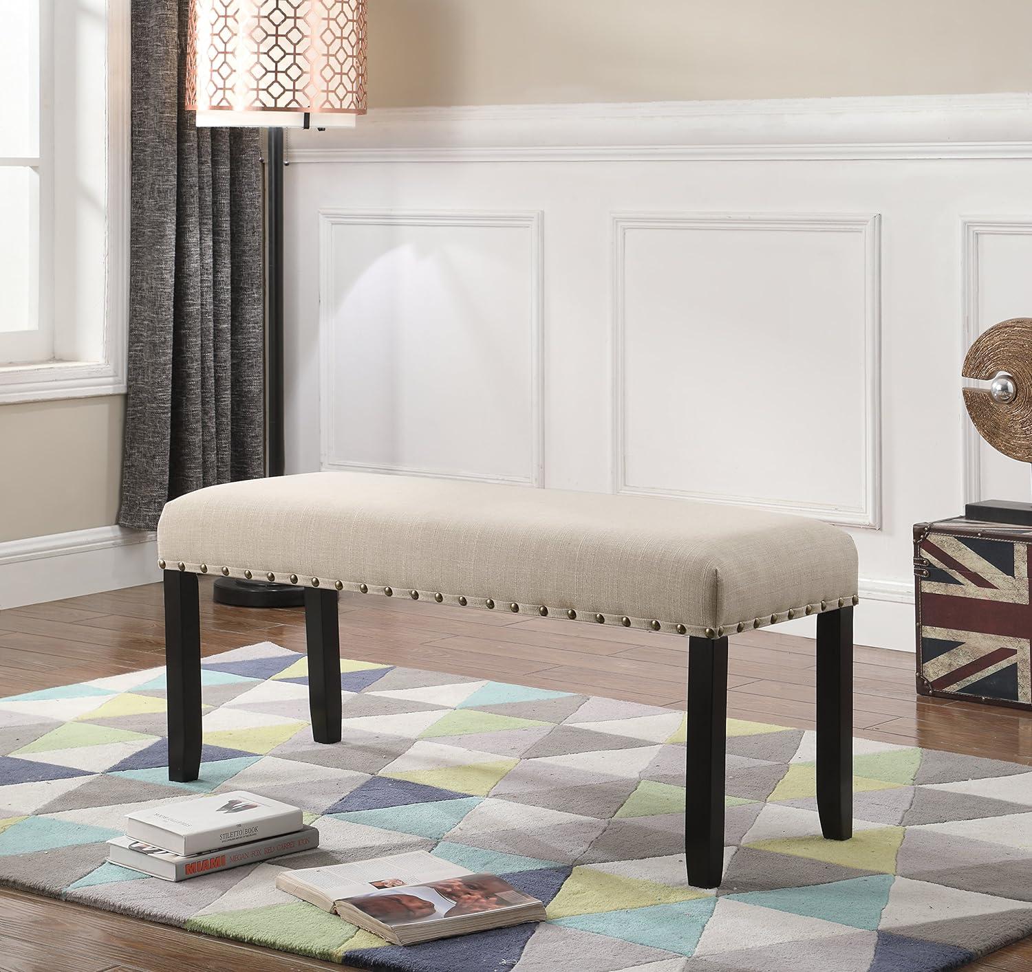 Espresso Brown Wood Dining Bench with Nailhead Trim, Tan Fabric