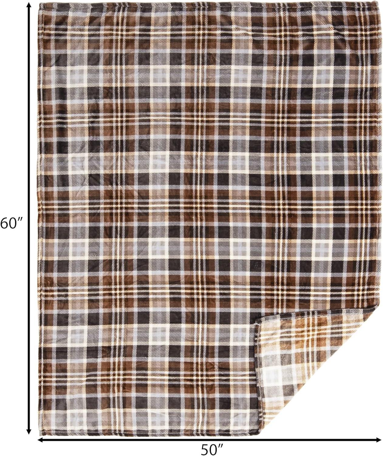 King Size Gray and Chestnut Plaid Fleece Travel Blanket