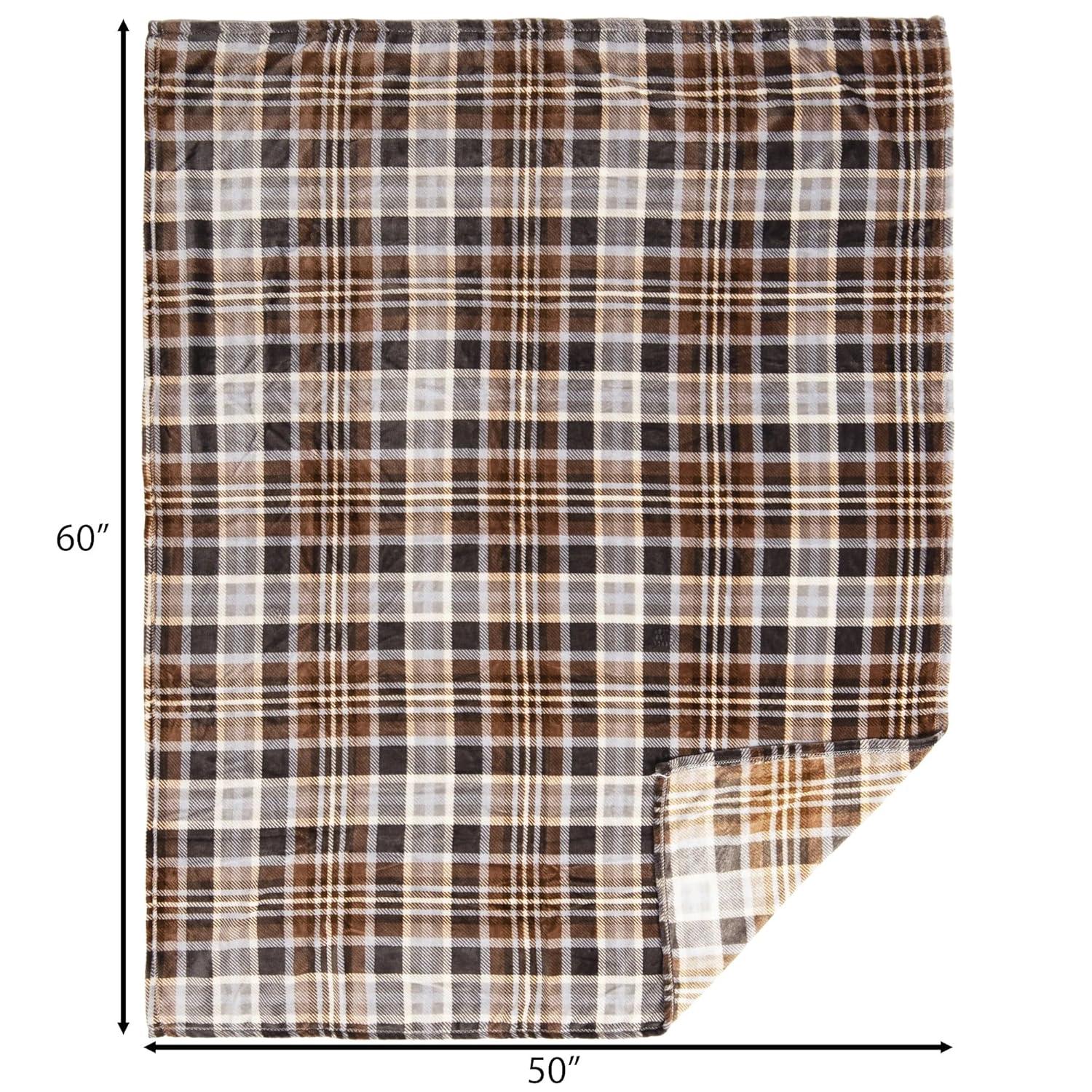 King Size Gray and Chestnut Plaid Fleece Travel Blanket