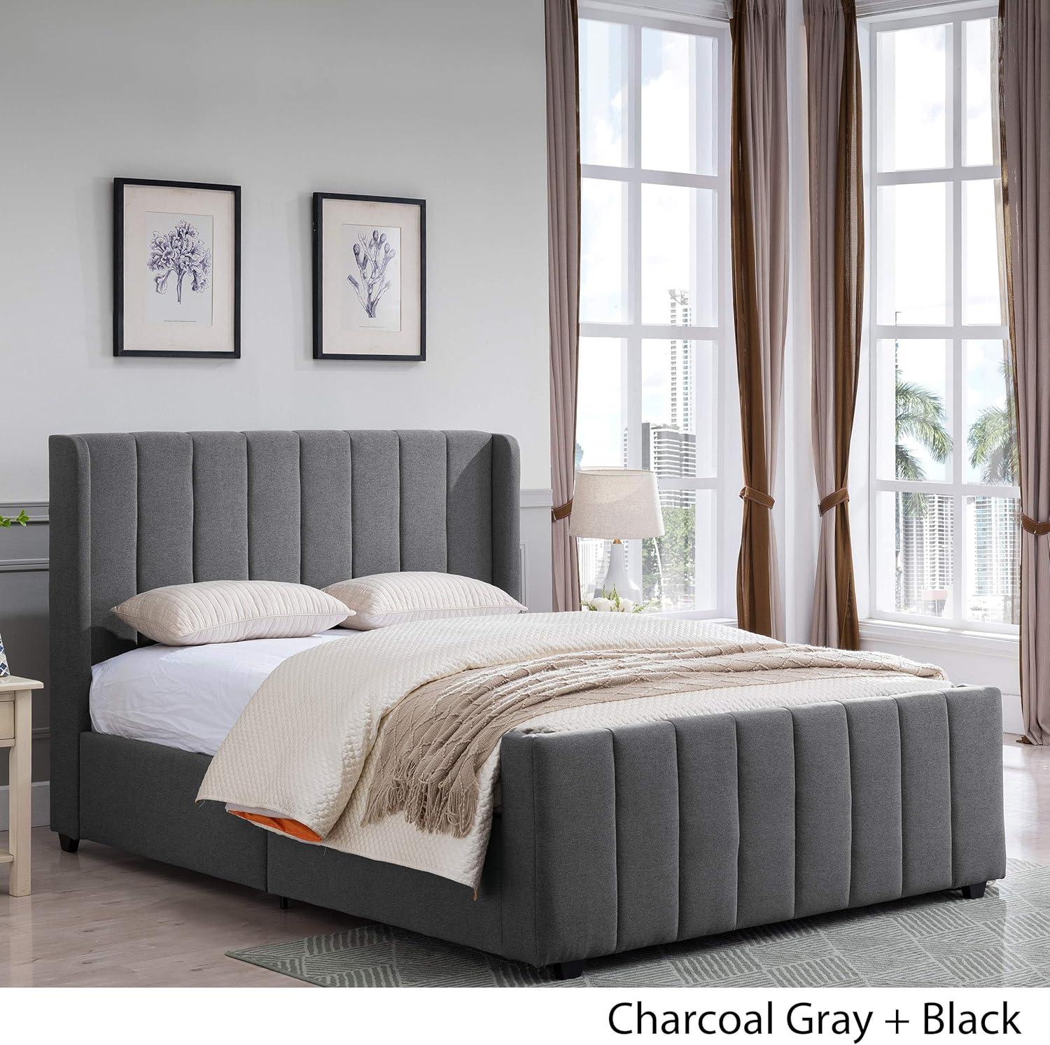 GDF Studio Wallach Contemporary Fabric Channel Stitch Queen Bed, Charcoal Gray and Black