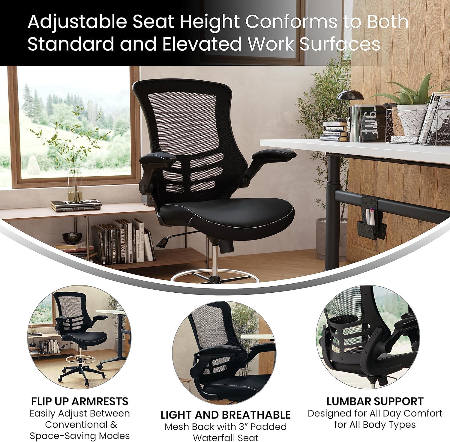 Flash Furniture Mid-Back Mesh Ergonomic Drafting Chair with Adjustable Foot Ring and Flip-Up Arms