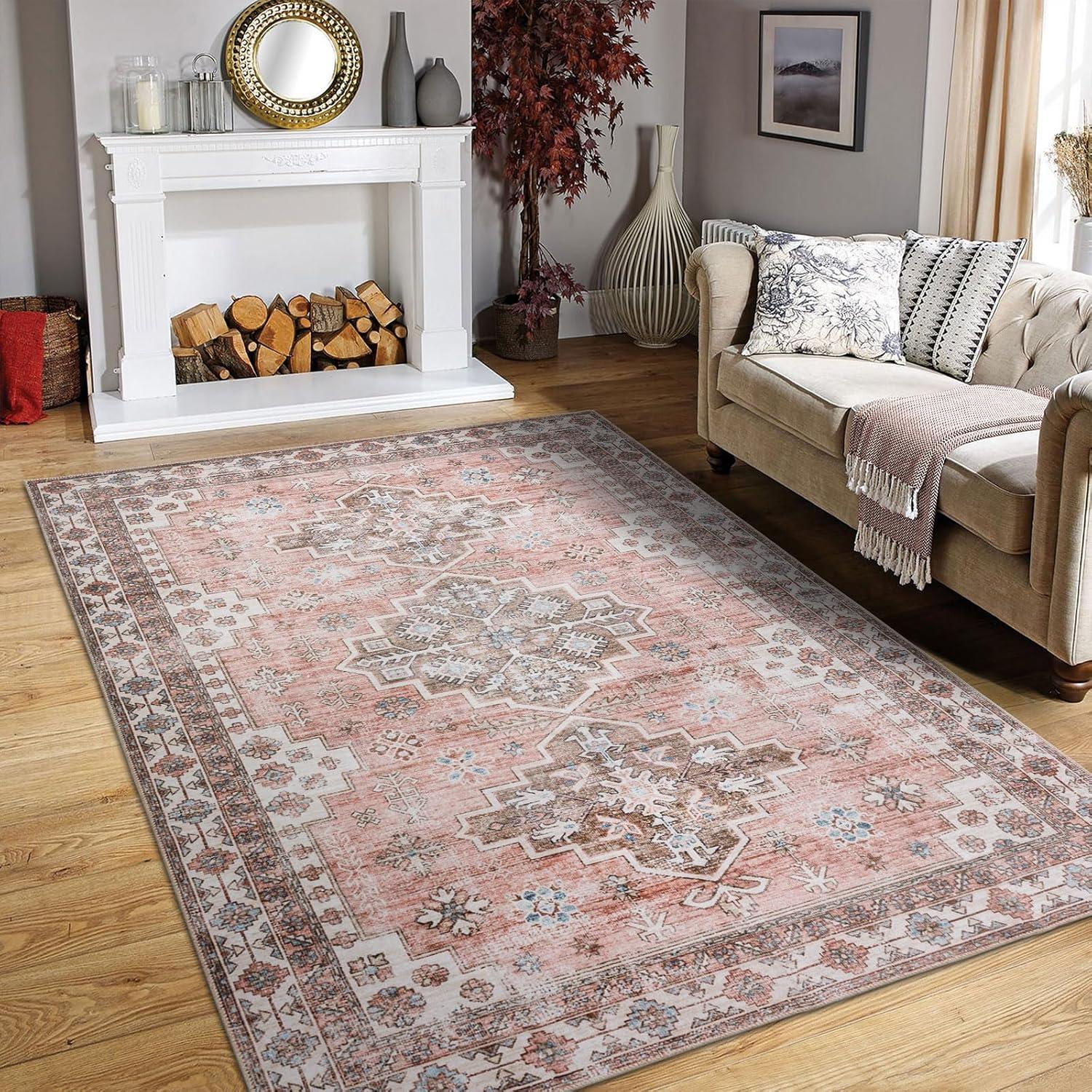 Hasoo Area Rug 5' x 7' Washable Modern Floral Rugs for Living Room Non-Slip Accent Carpet Pink