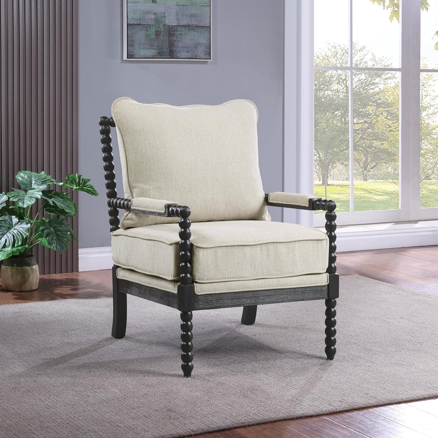 Classic Linen and Black Wood Spindle Accent Chair