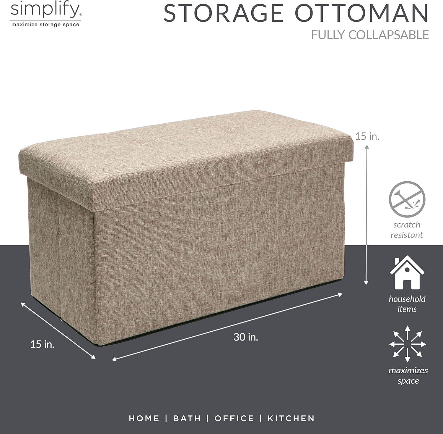 Simplify Faux Linen Double Folding Storage Ottoman, Natural Beige