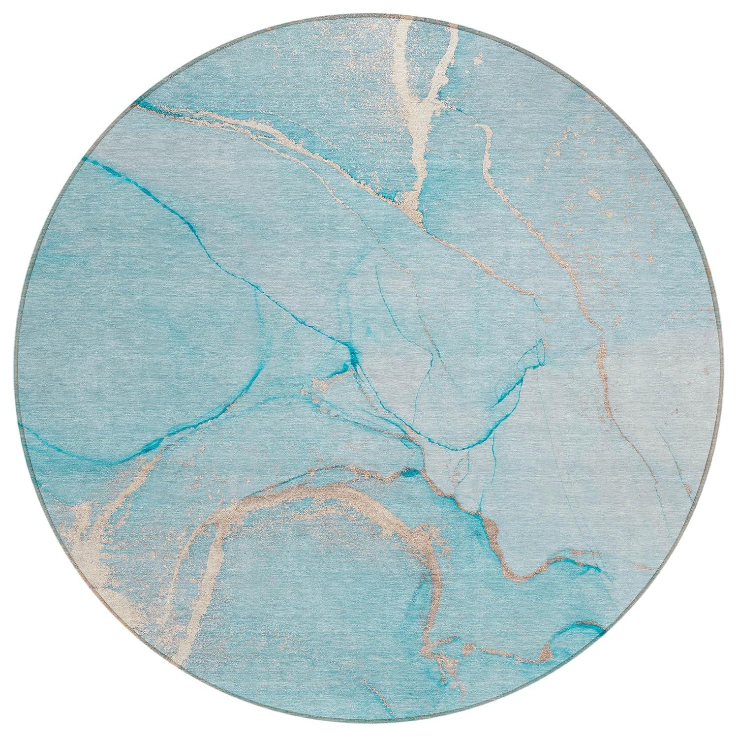 Teal Synthetic Round Machine-Washable Area Rug with Non-Skid Backing