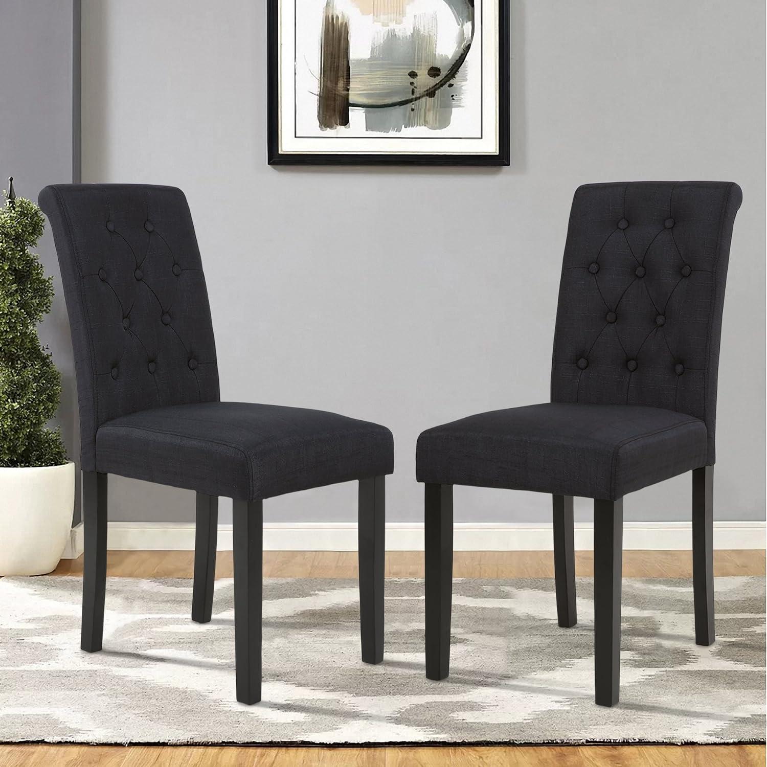 Button-Tufted Charcoal High Back Fabric Upholstered Dining Chairs, Set of 2