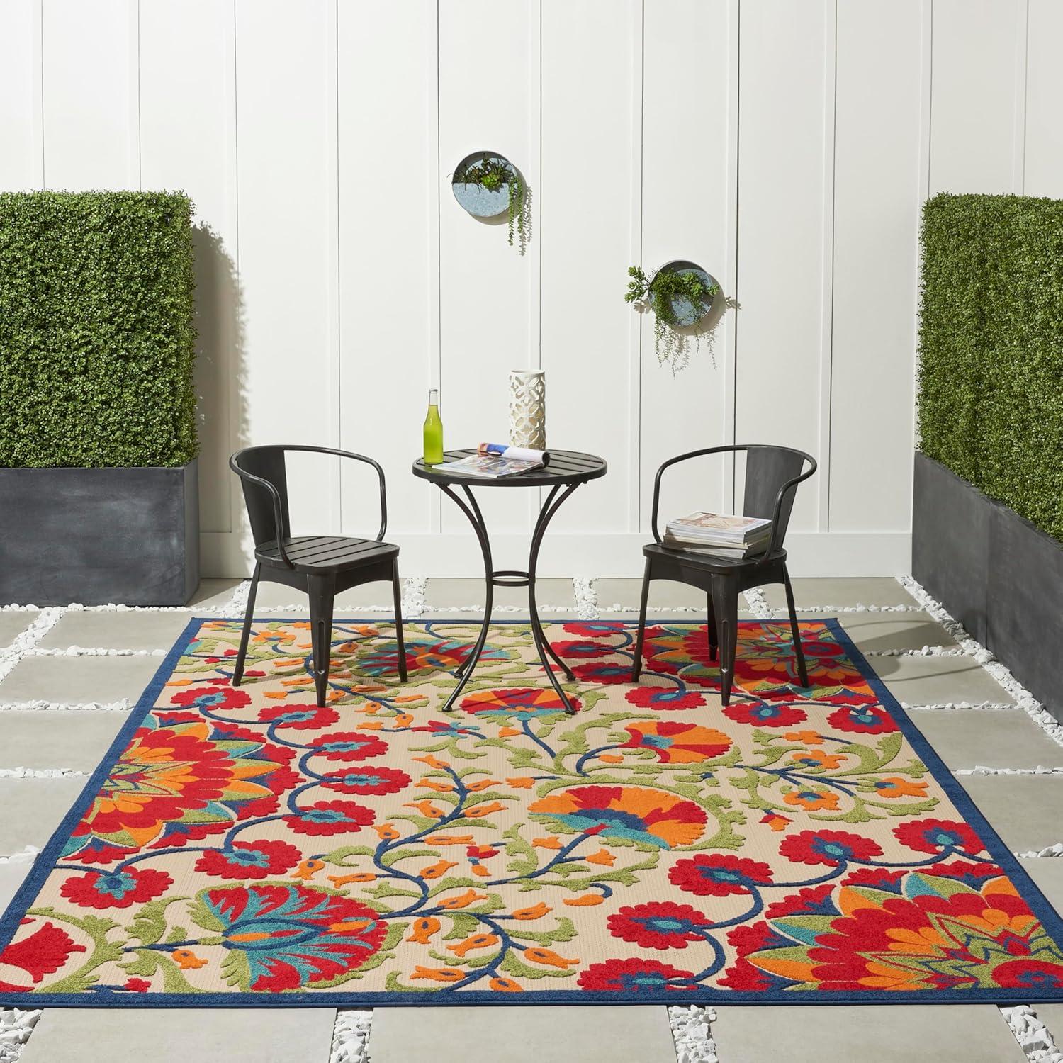 Nourison Aloha Floral Easy Care Flatweave High-Low Indoor Outdoor Area Rug Red/Multi 7' x 10'