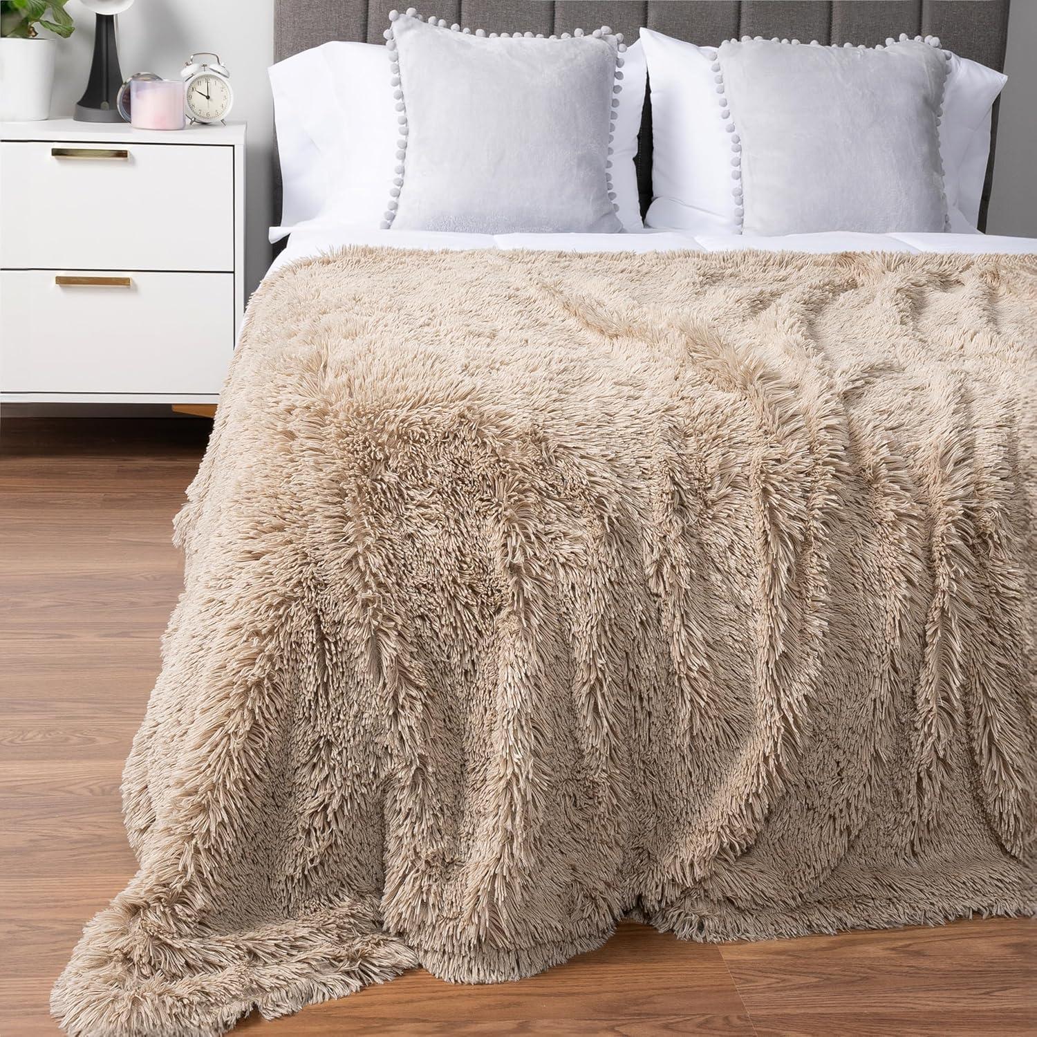 PAVILIA Soft Fluffy Faux Fur Throw Blanket, Taupe Tan Camel, Shaggy Furry Warm Sherpa Blanket Fleece Throw for Bed, Sofa, Couch, Decorative Fuzzy Plush Comfy Thick Throw Blanket, 50x60 Inches