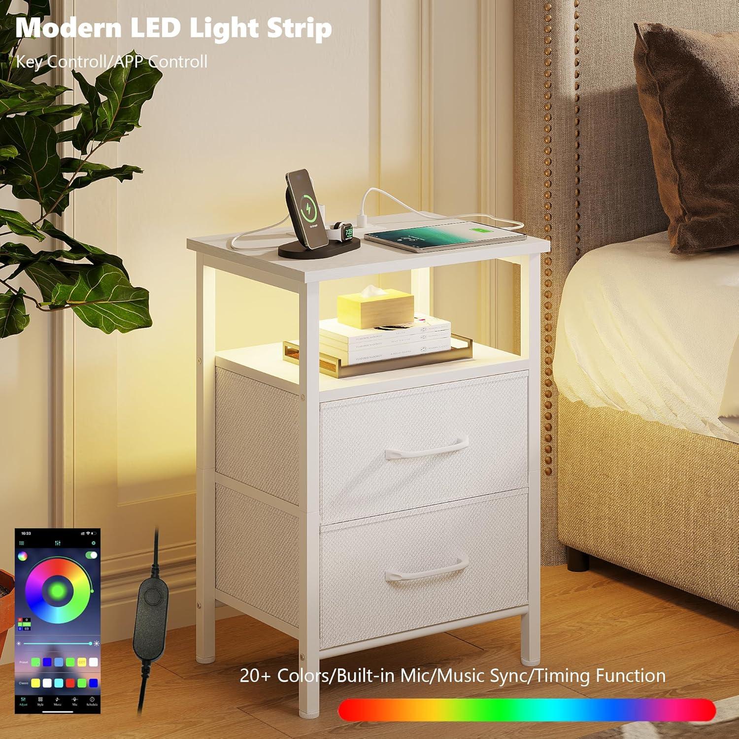 End Table with Charging Station, Narrow Side Table with 2 Fabric Drawers, Skinny Nightstand with LED Light, Slim Bedside Table for Bedroom, Living Room, Small Spaces, White