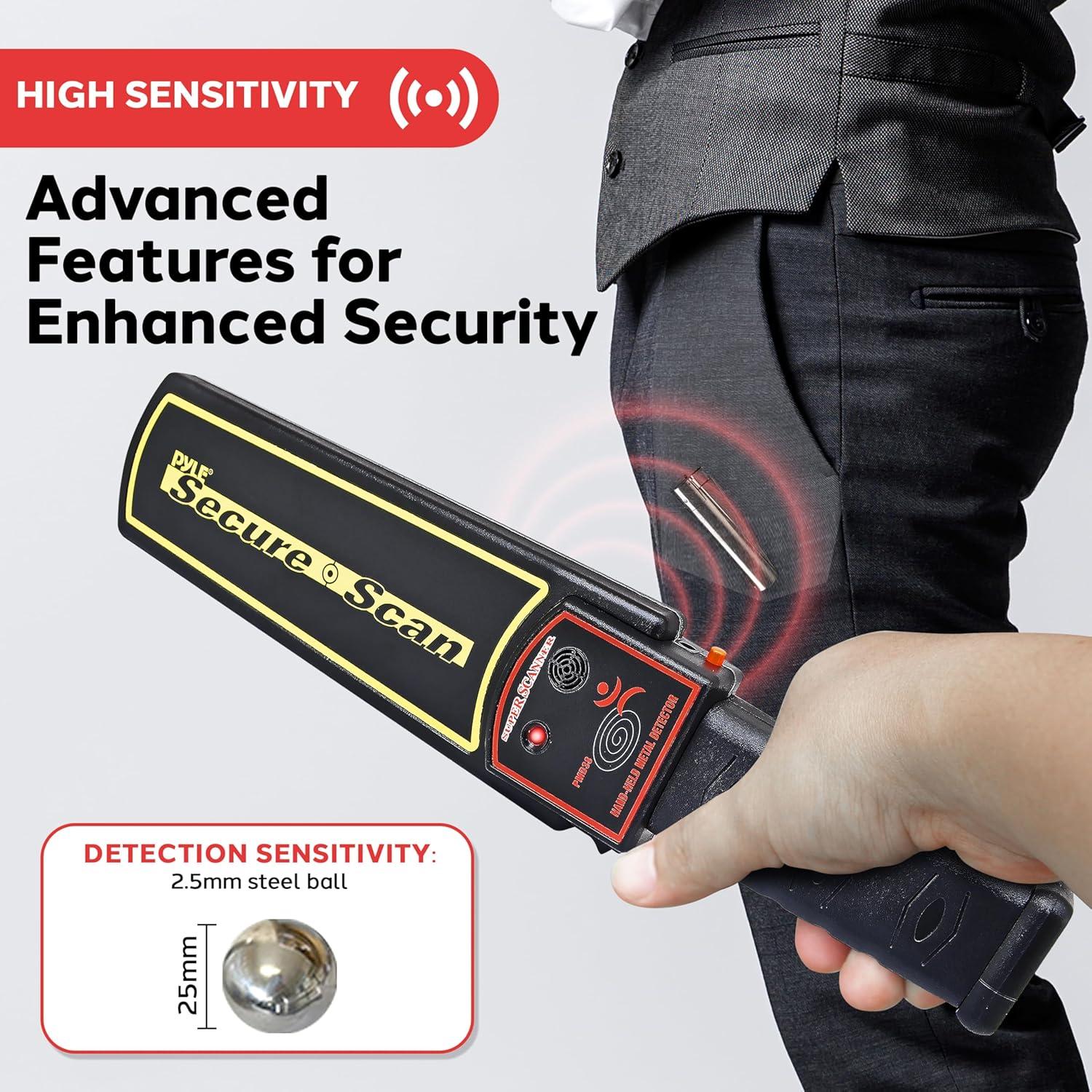 PYLE Handheld Metal Detector Security Wand - Portable Battery Operated Super Security Scanner w/ Adjustable Sensitivity, Sound Vibration Alerts, Detects Weapons, Knives & Other Metal Objects - PMD38