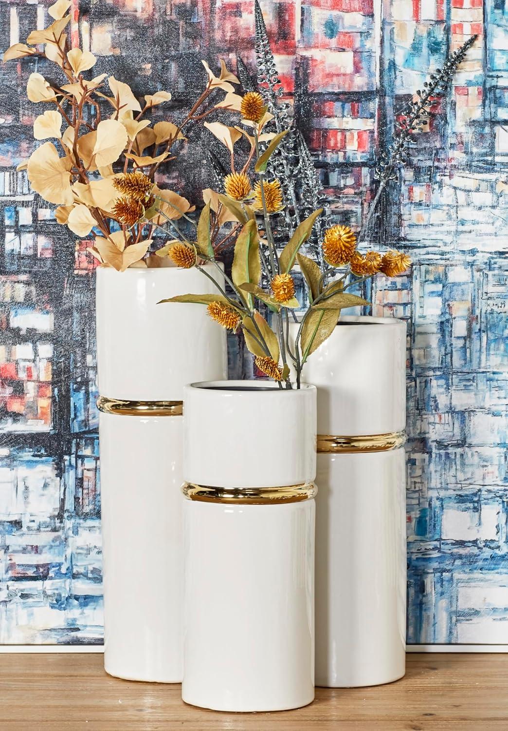 Elegant Trio of White and Gold Ceramic Vases - 12", 14", 16" Height