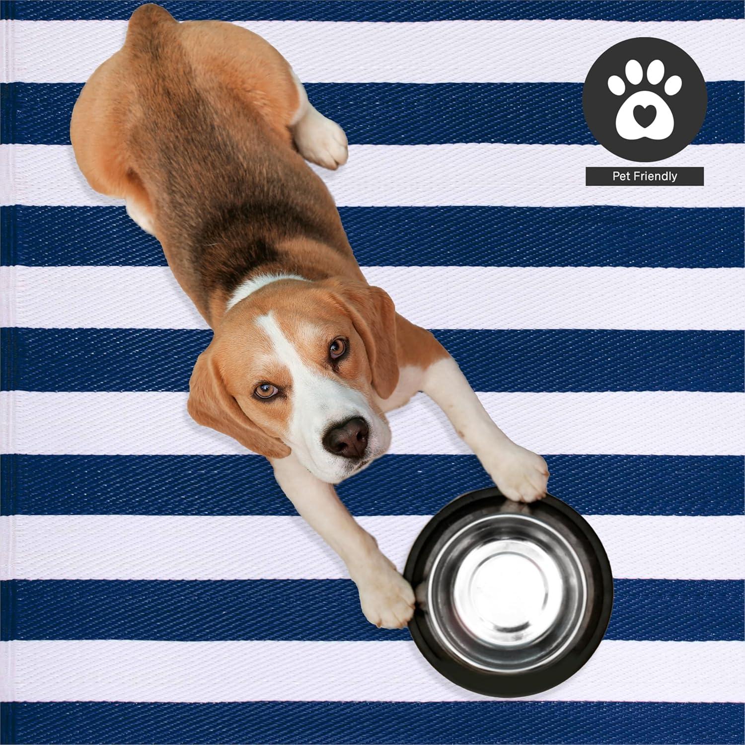 FH Home Outdoor Rug - Waterproof, Fade Resistant, Crease-Free - Premium Recycled Plastic - Striped - Patio, Deck, Porch, Balcony, Laundry Room - Brittany Stripe - Blue & White - 4 x 6 ft