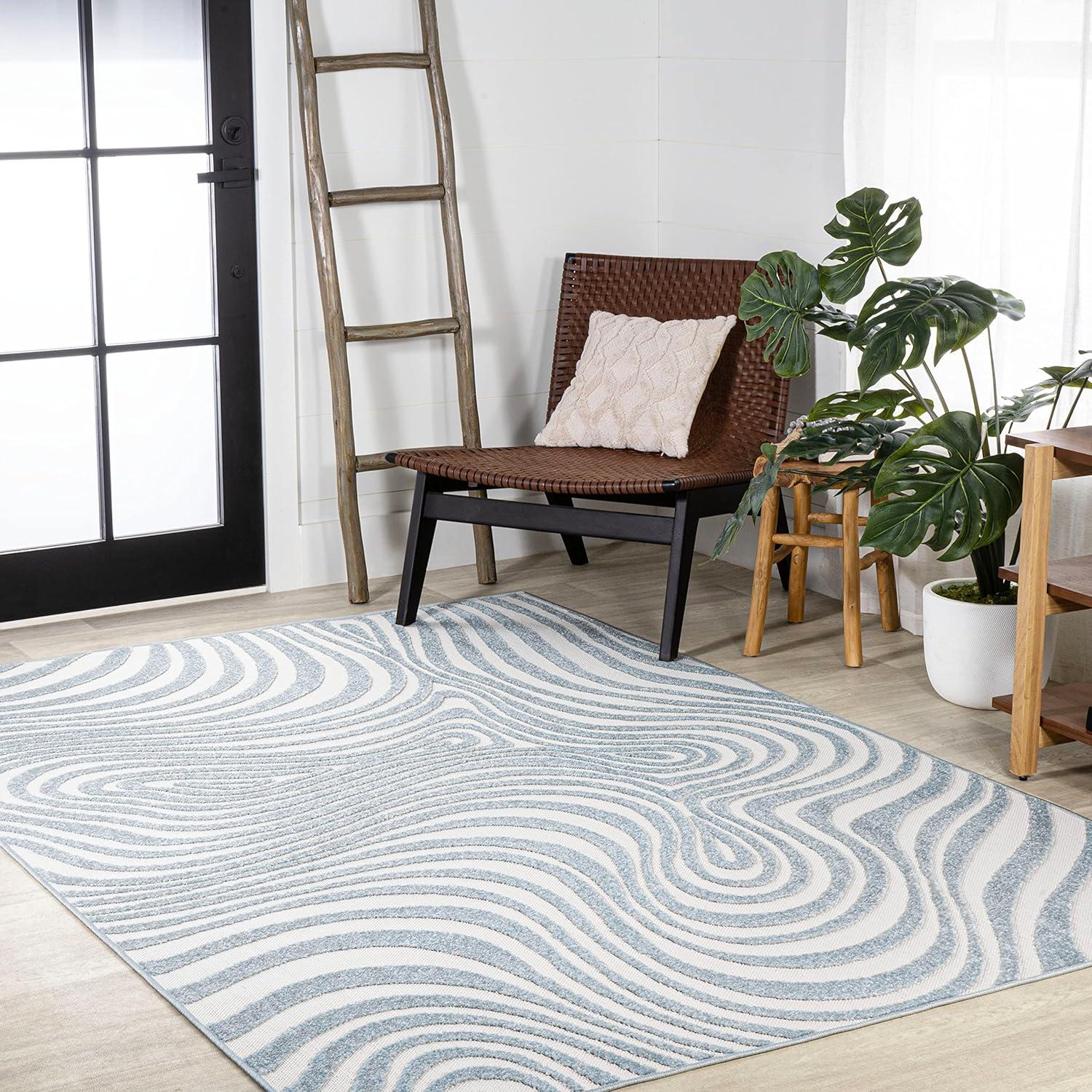 JONATHAN Y Maribo High-Low Abstract Groovy Striped Light Blue/Ivory 4 ft. x 6 ft. Indoor/Outdoor Area Rug