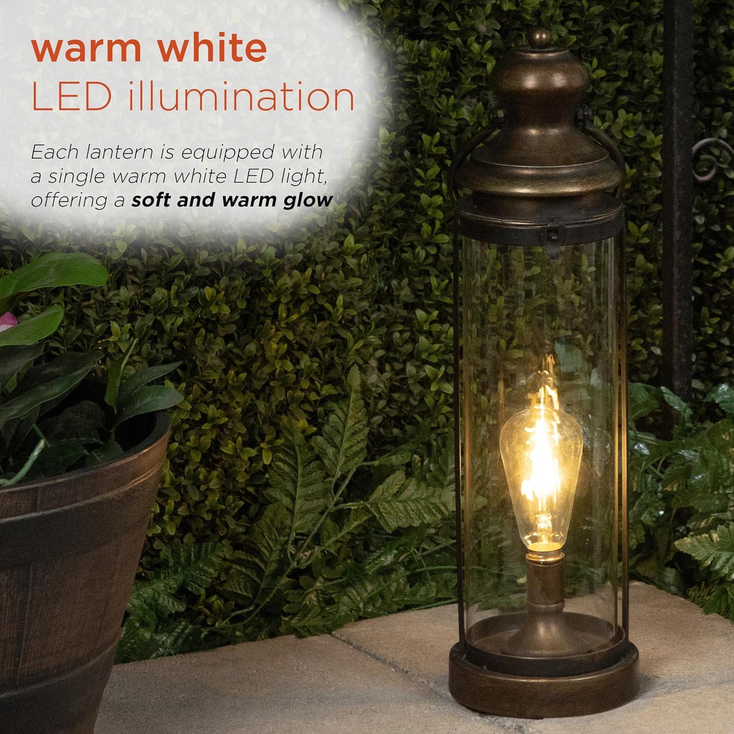 Gold Metal and Glass Lantern with Warm White LED Light, 21"