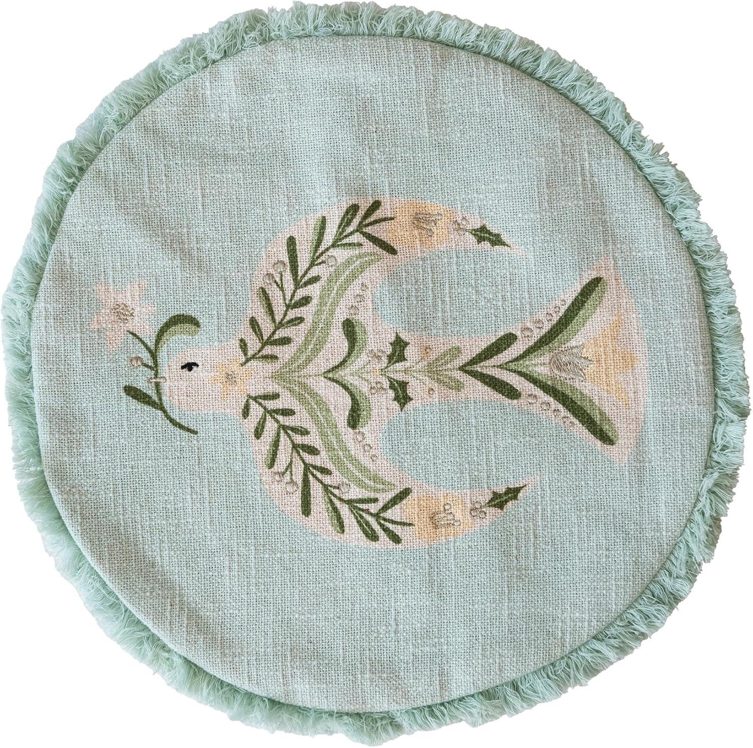 Round Cotton Printed Pillow With Embroidered Dove And Fringe