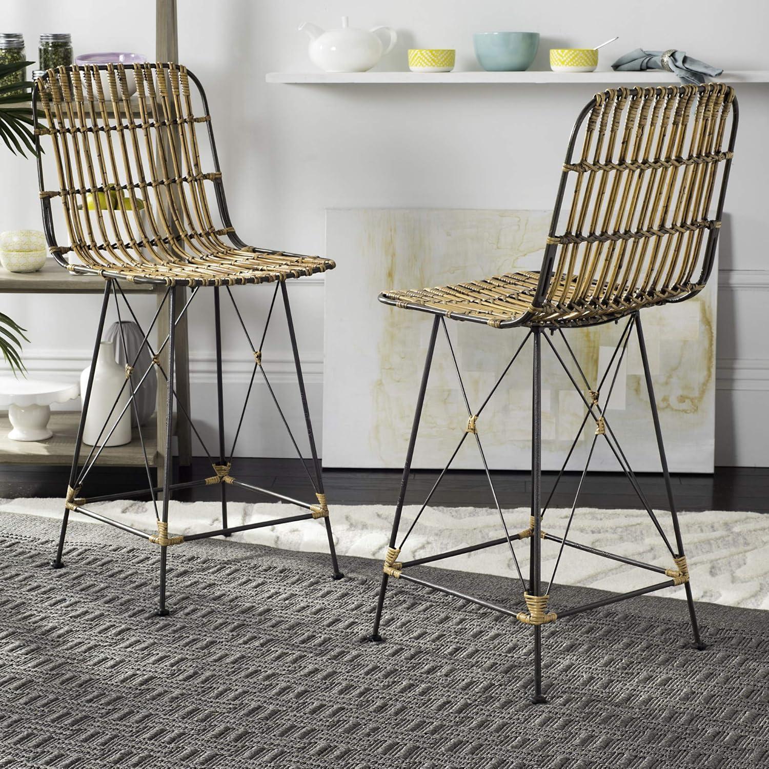 Minerva Wicker Counter Stool (Set of 2)  - WIK6509 - Natural Brown Wash/Black - Safavieh
