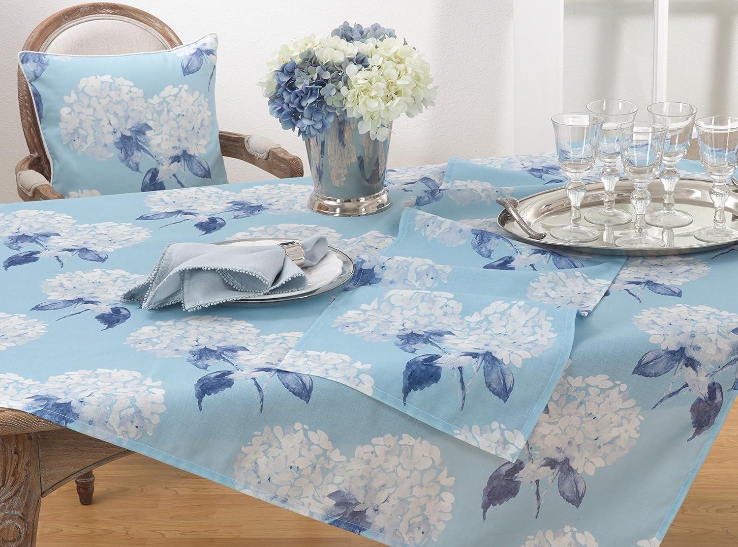 Aqua Floral Hydrangea Polyester Table Runner, 16" x 72"