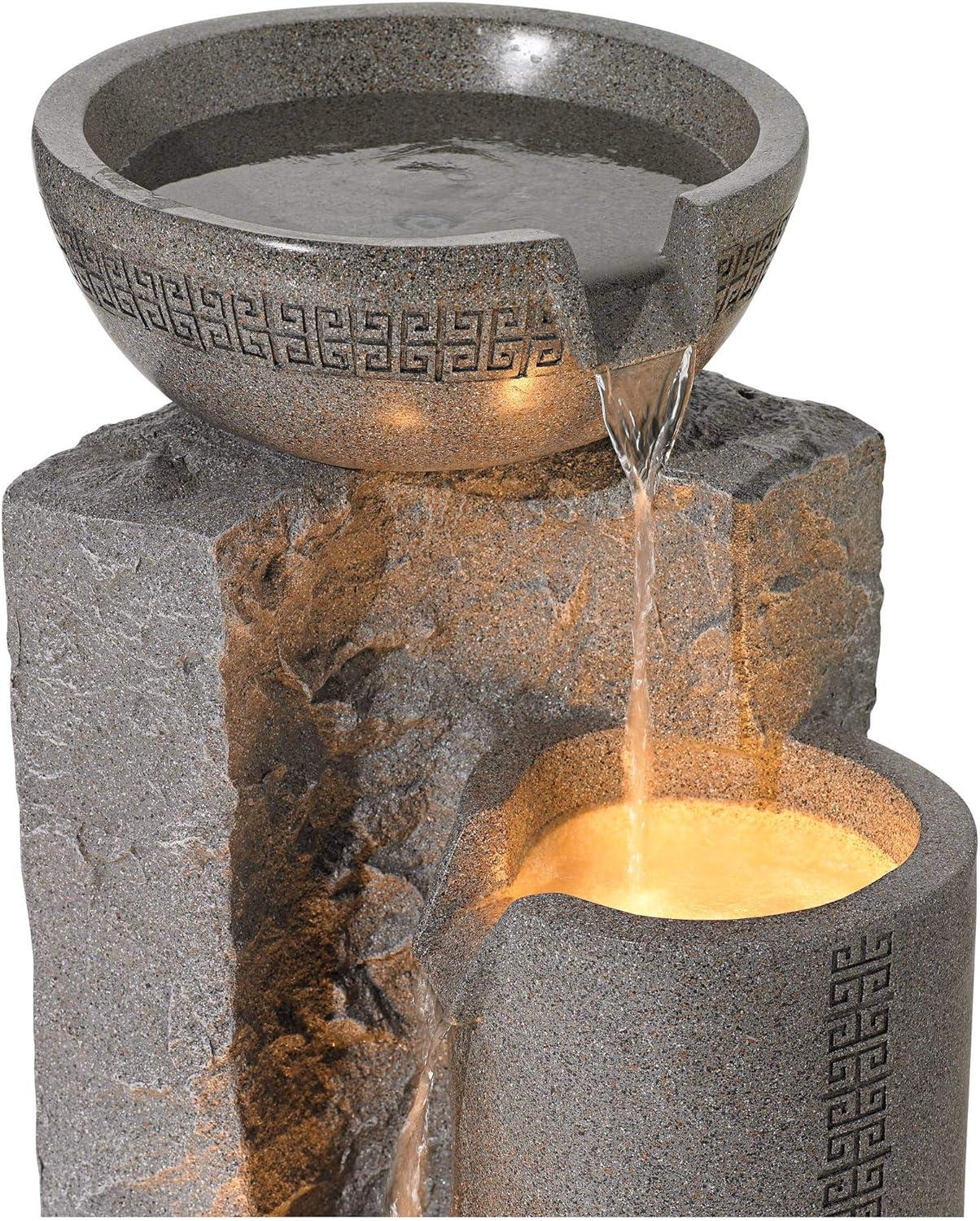 Gray Faux Marble Zen Outdoor Floor Fountain with LED Lights