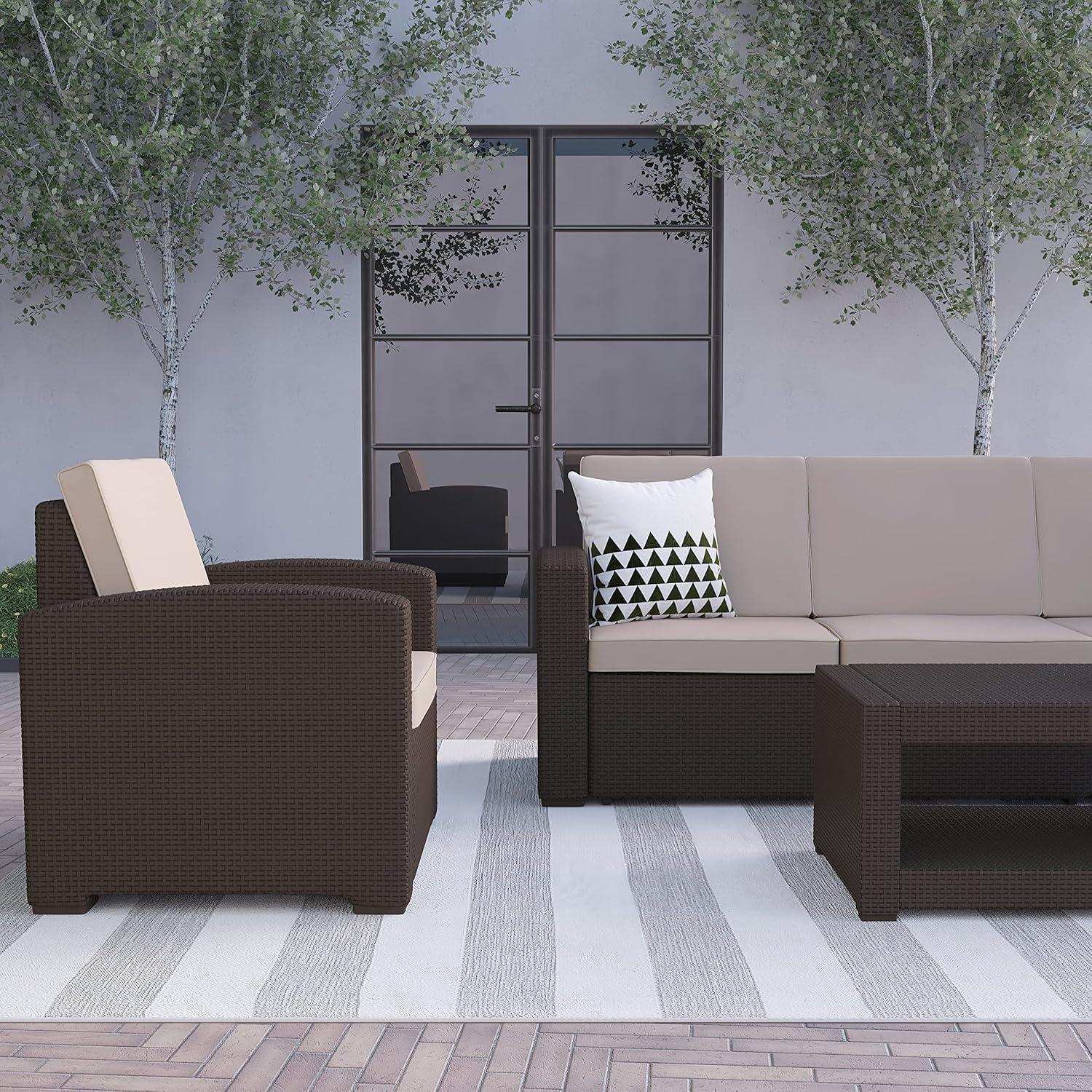 Merrick Lane 4 Piece Dark Gray Faux Rattan Patio Furniture Set with 2 Chairs and Sofa with Removable Light Gray Cushions and Table