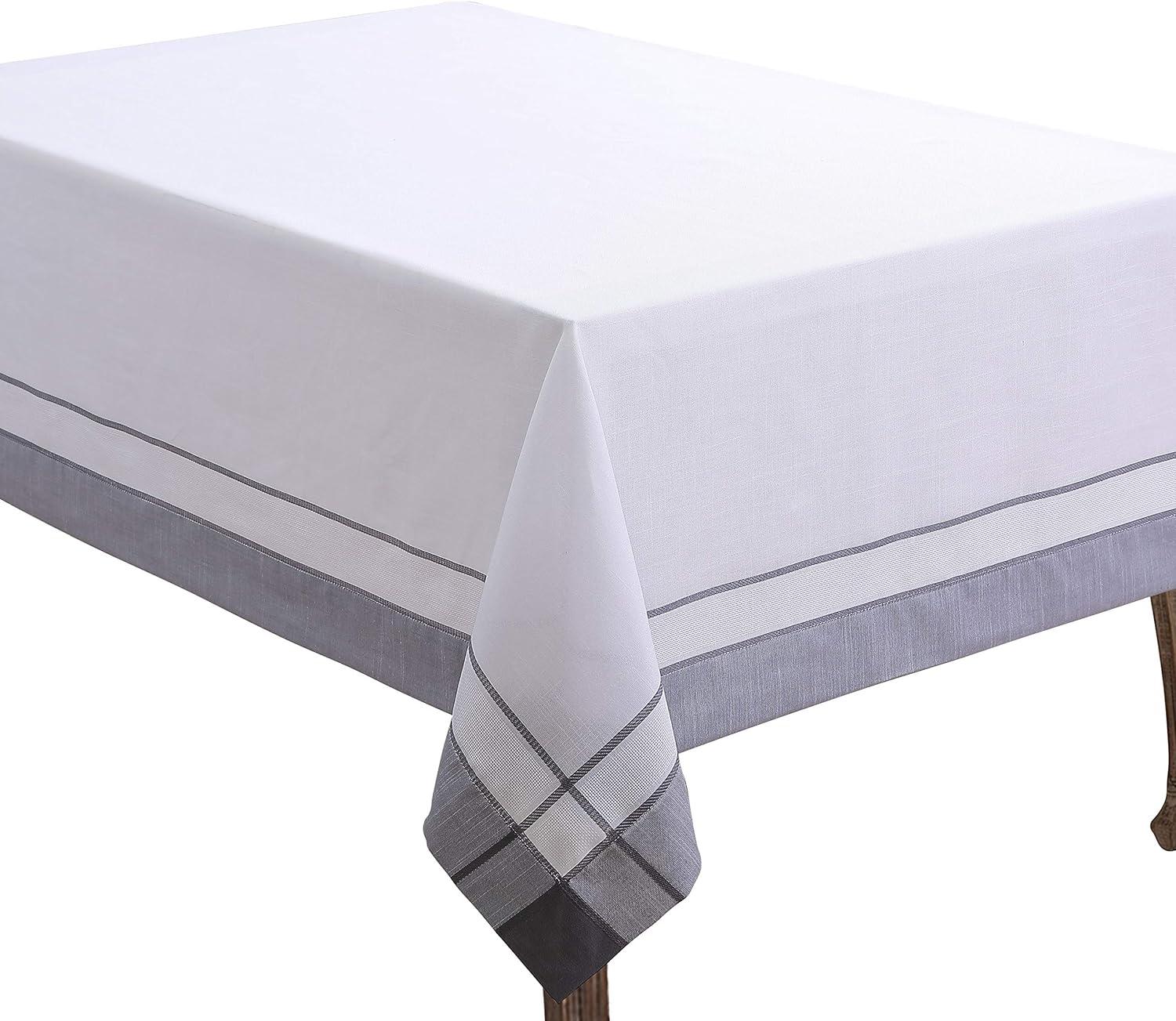 Gray and White Cotton Banded Border Tablecloth