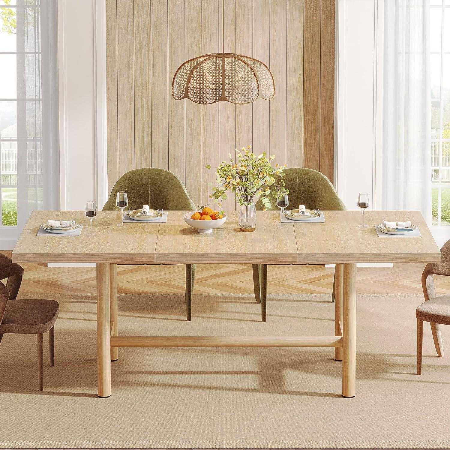 Natural Wood Rectangular Farmhouse Dining Table with Metal Legs