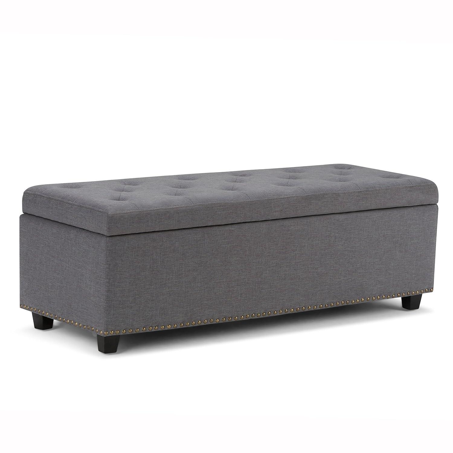 Simpli Home Hamilton 48" Transitional Rectangle Ottoman in Gray Linen Look Fabric