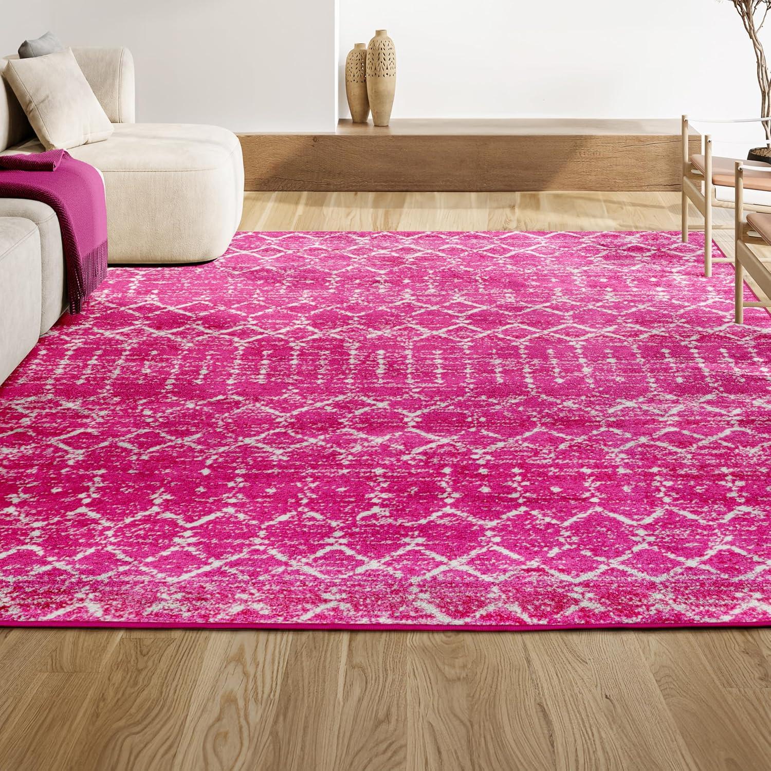 8' x 10' Moroccan HYPE Boho Vintage Diamond Area Rug, Fuchsia/Ivory - JONATHAN Y