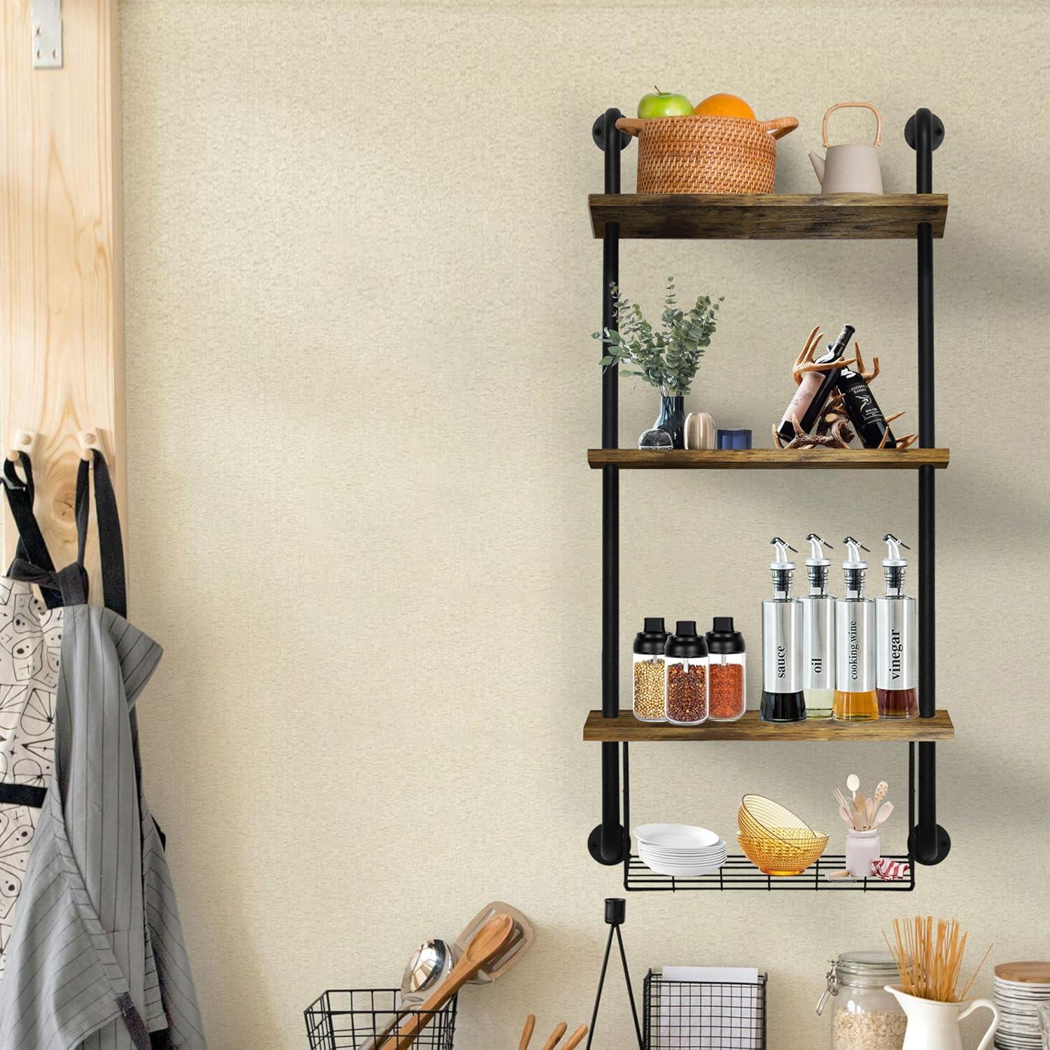 3-Tier Wall Mounted Floating Shelves with Basket, Easy Assemble Industrial Pipe Shelving, Anti-Rust for Bathroom, Kitchen, Bedroom - 44.5 * 16.9 inch