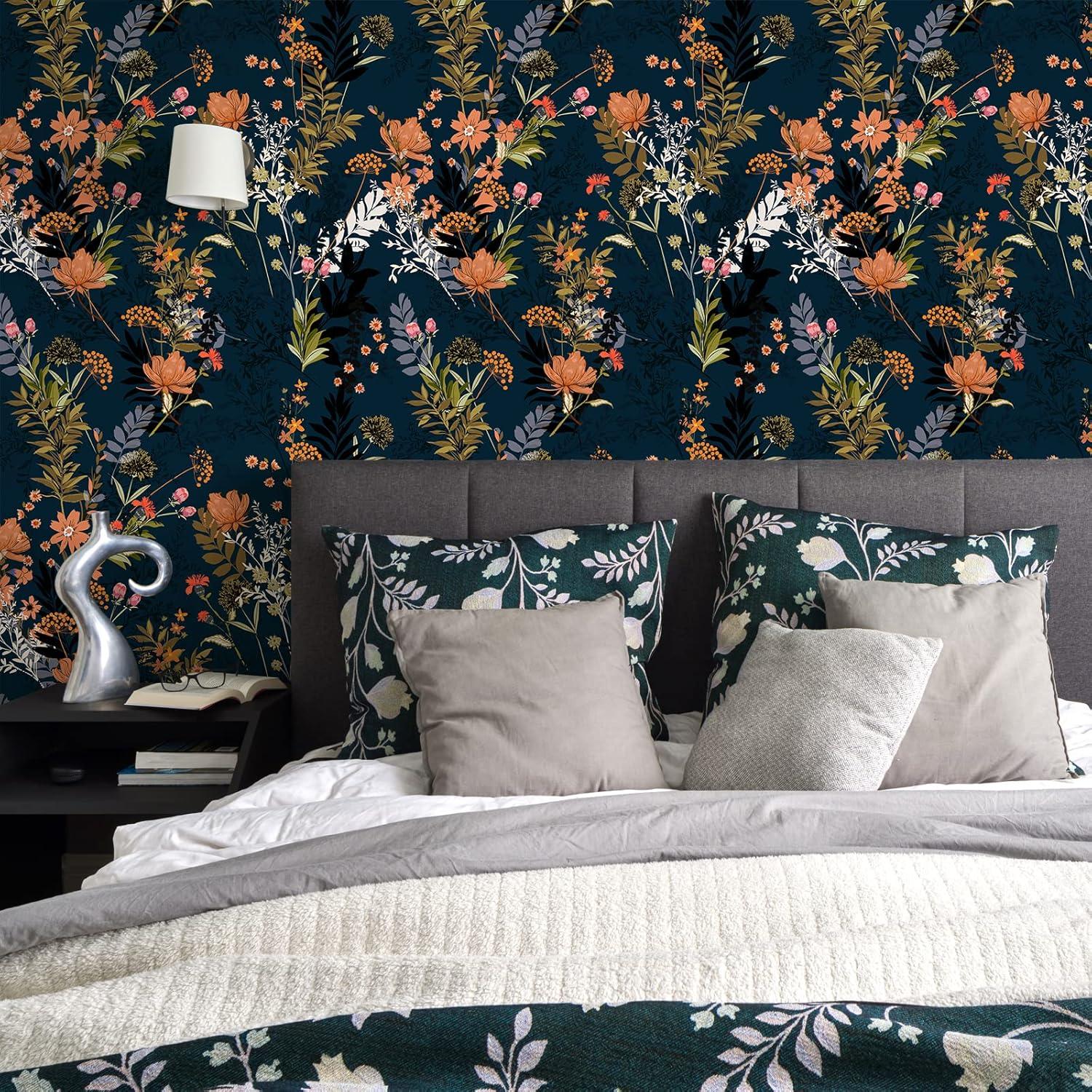 VEELIKE Midnight Blue Meadow Floral Peel and Stick Wallpaper Wildflowers Floral Wallpaper 17.7x354'' Dark Blue Contact Paper for Cabinets Shelves Drawers Removable Wallpaper for Bedroom Bathroom Walls