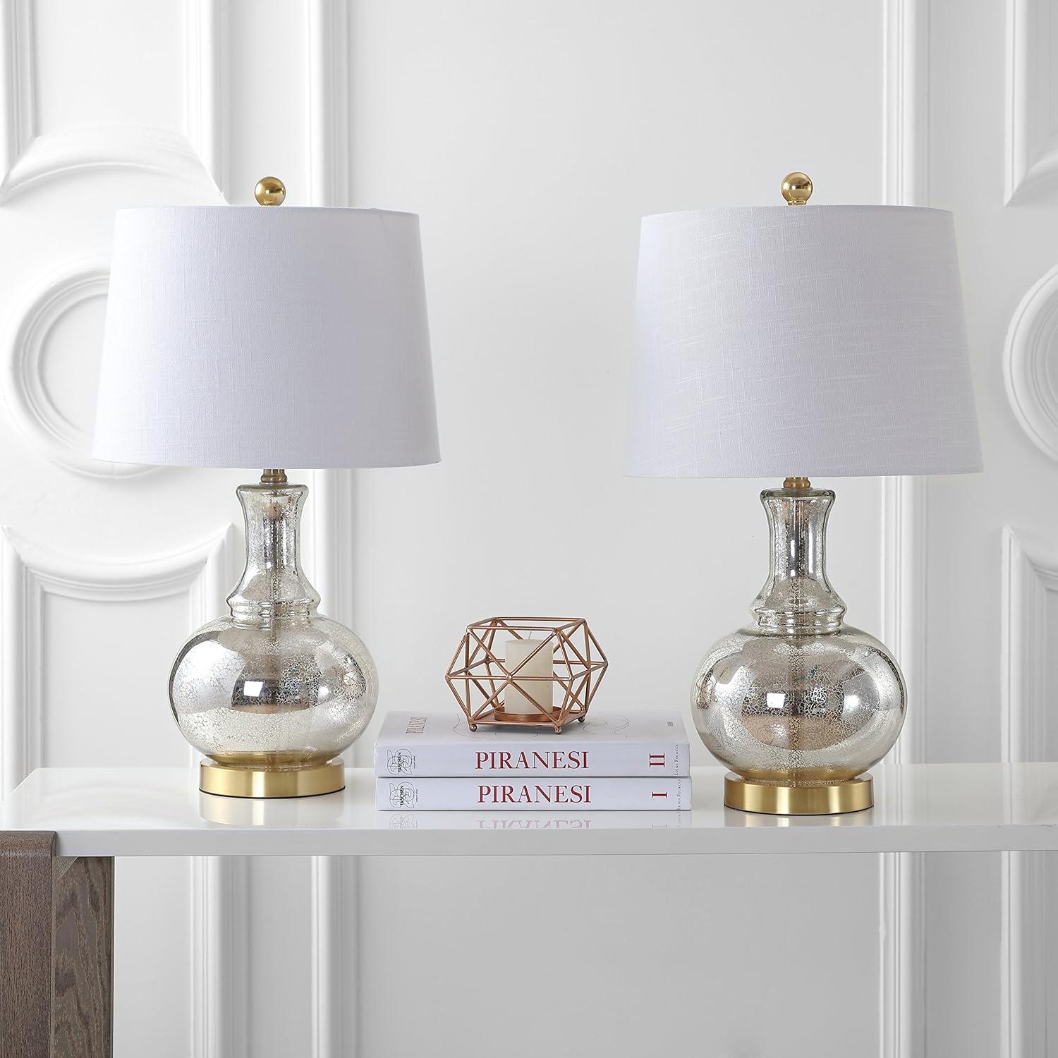 JONATHAN Y Lavelle 25" Glass LED Table Lamp, Mercury Silver/Brass Gold (Set of 2)