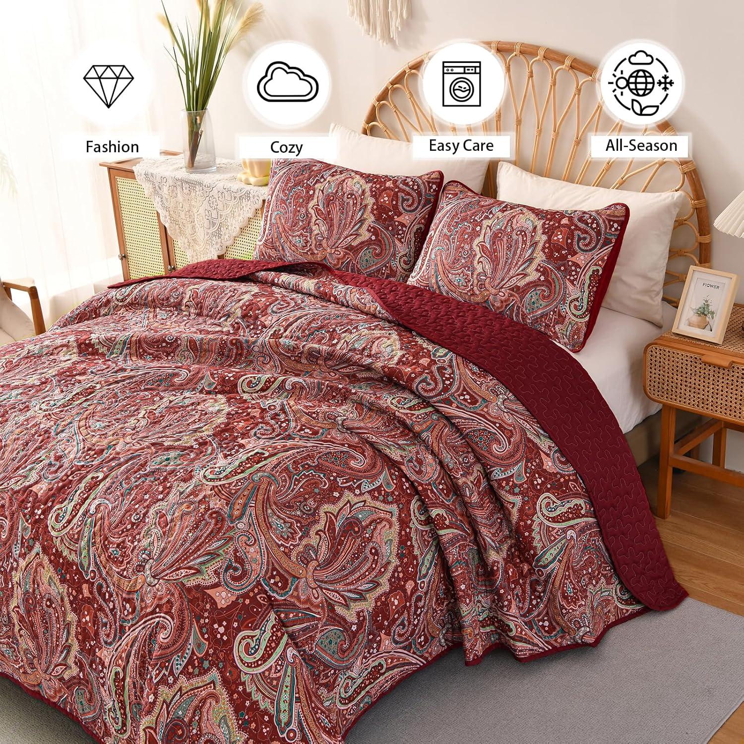 DJY Red Paisley Quilt Set Queen Size Boho Quilt Bedspread Set 3 Pieces, Soft Lightweight Microfiber Coverlet Set Burgundy Paisley Floral Pattern Bedding for All Season, 96''x90''