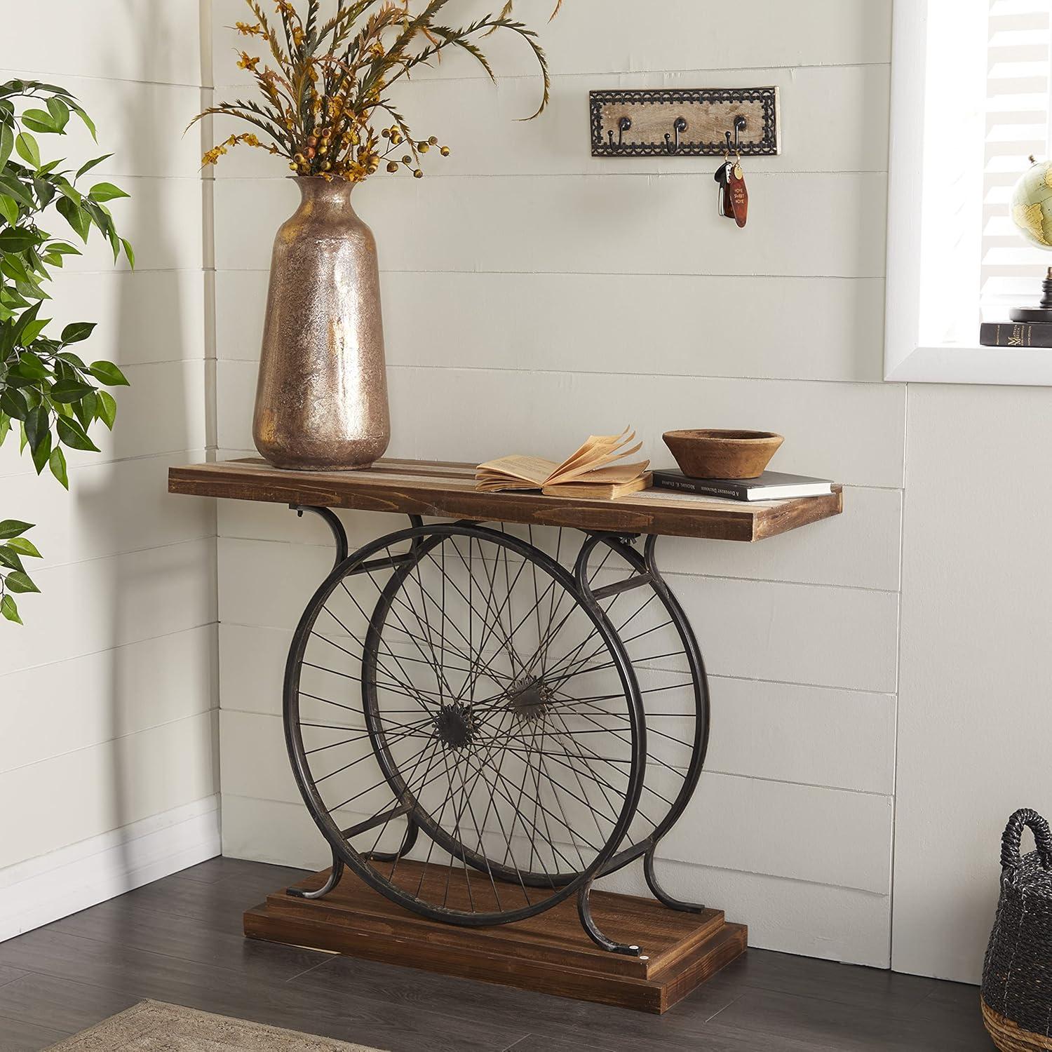 Olivia & May Industrial Wheel Console Table Brown: Iron Frame, Wood Top, Entryway Furniture