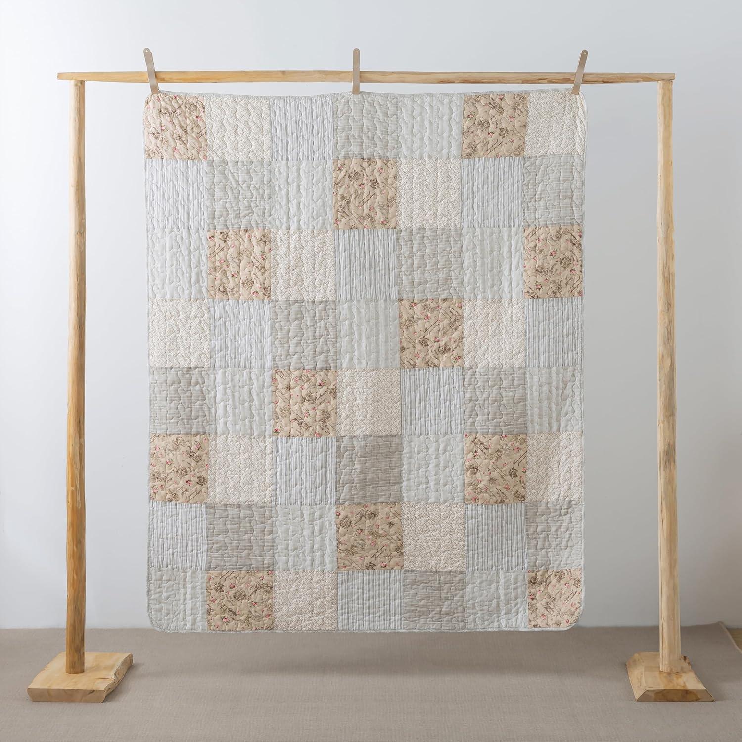 Neutral Tan and Cream Cotton Patchwork Quilted Throw Blanket