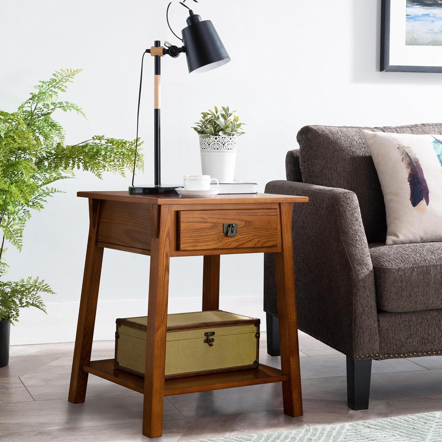 Leick Home 10032-RS Mission Round End Table with Drawer, Made with Solid Wood, Side Table for Living Room, Bedroom, and Office, Slate Black Finish