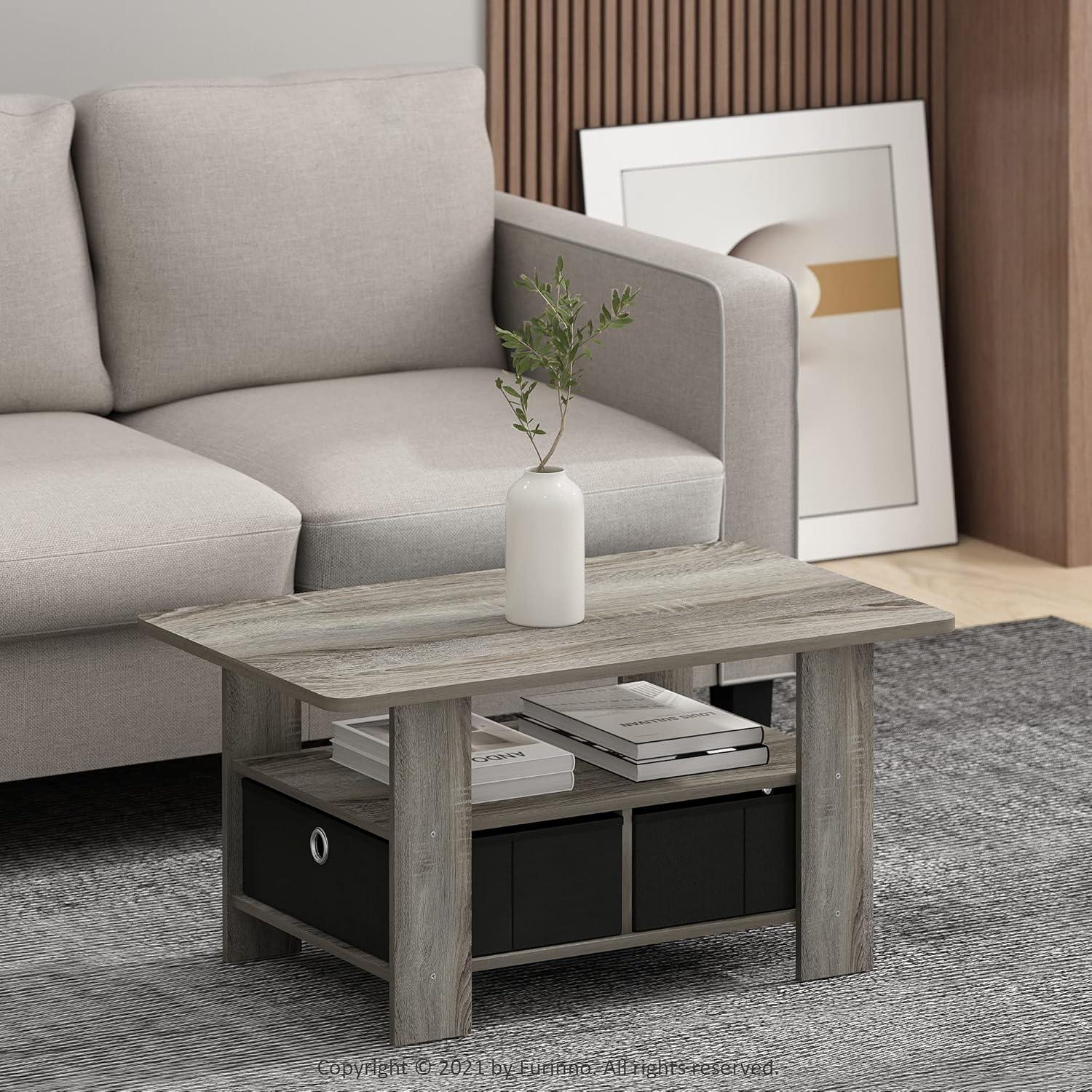 French Oak Gray and Black Wood Coffee Table with Storage Bins