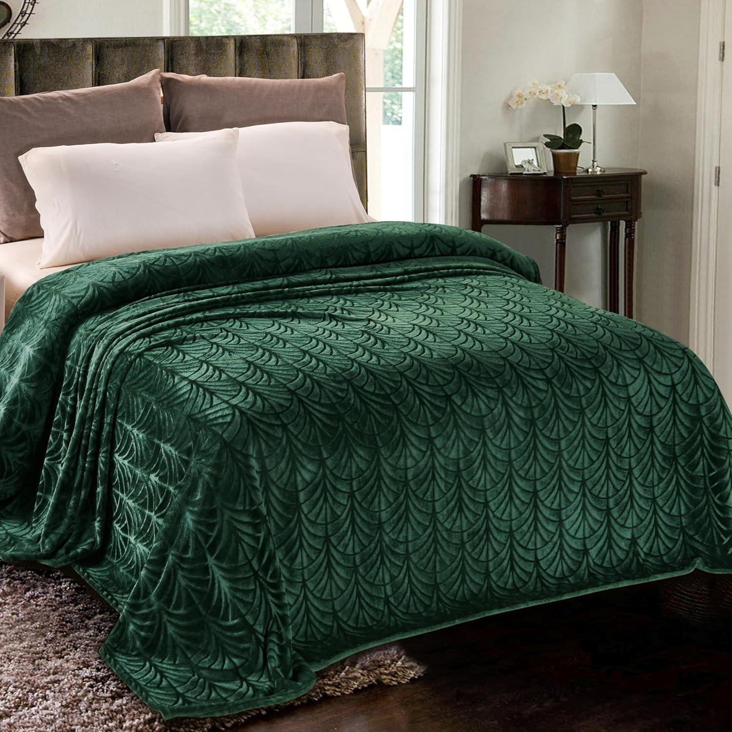 Whale Flotilla Flannel Fleece Queen Size(90x90 Inch) Lightweight Bed Blanket, Soft Velvet Bedspread Plush Fluffy Coverlet Palm Leaf Design Decorative Blanket for All Seasons, Dark Green…