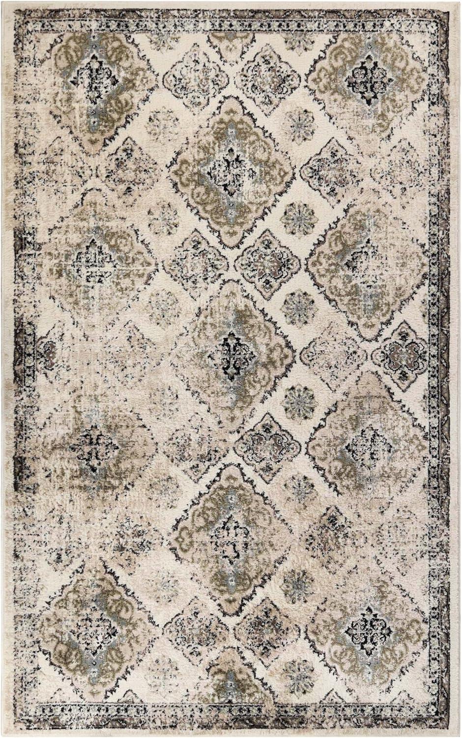Superior Mayfair Distressed Damask Indoor Area Rug, 5' x 8', Ivory